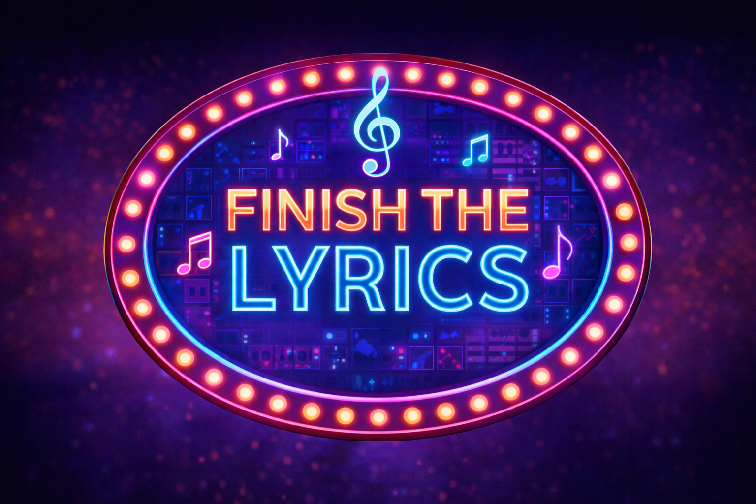 Neon sign displaying lyrics contest with the words 'Finish the Lyrics' in bright neon lights, surrounded by musical notes and a glowing border
