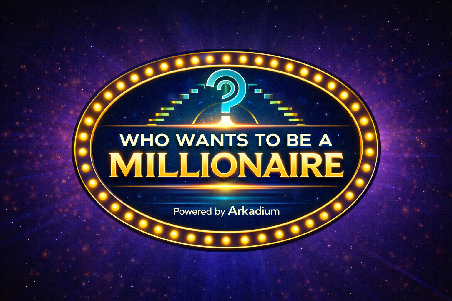 Game show logo with the text 'Who wants to be a millionaire?' and a glowing question mark at the top, surrounded by a bright yellow border with lights, set against a starry, cosmic background.