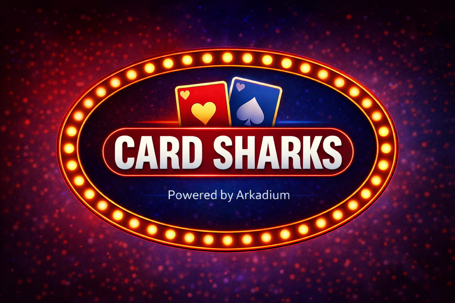 Bright neon sign with the words "CARD SHARKS" and two playing cards, one with a heart and one with a spade, surrounded by a ring of lights, with the text "Powered by Arkadium" below.