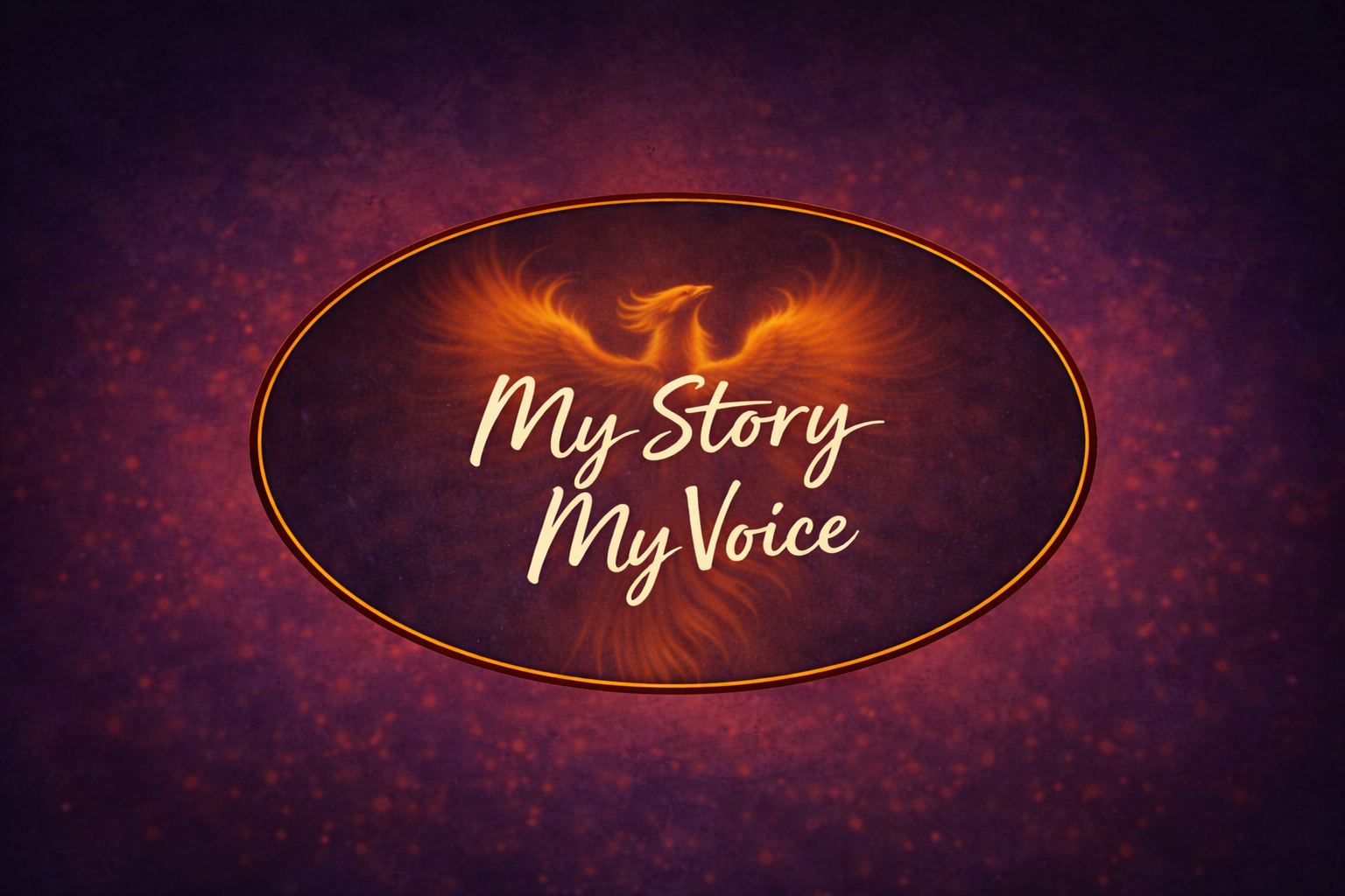 A logo for 'My Story My Voice' featuring an orange phoenix rising above the text, set within an oval shape on a dark, sparkly background.