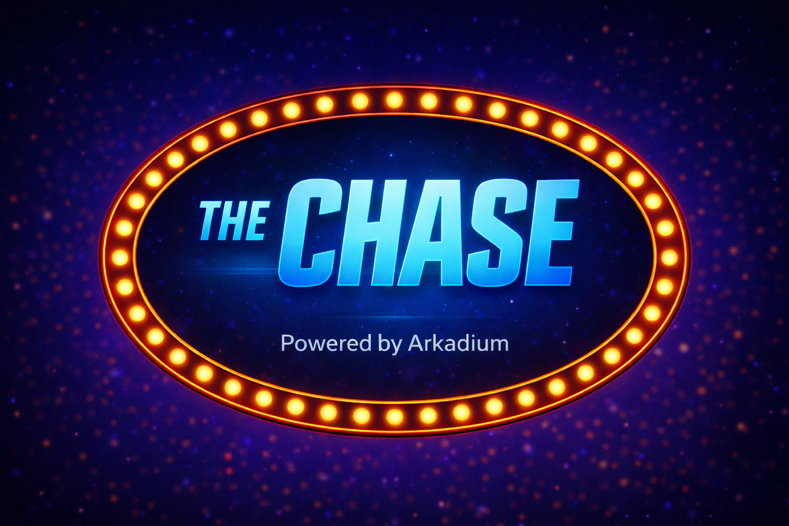 A neon-style sign with the text 'The Chase' in large blue letters, surrounded by a glowing orange oval outline with yellow lights, against a starry purple background, with smaller white text saying 'Powered by Arkadium' underneath.