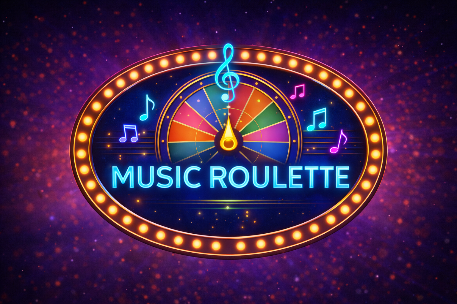 Neon sign reading 'Music Roulette' with a colorful wheel, musical notes, and a purple, starry background.