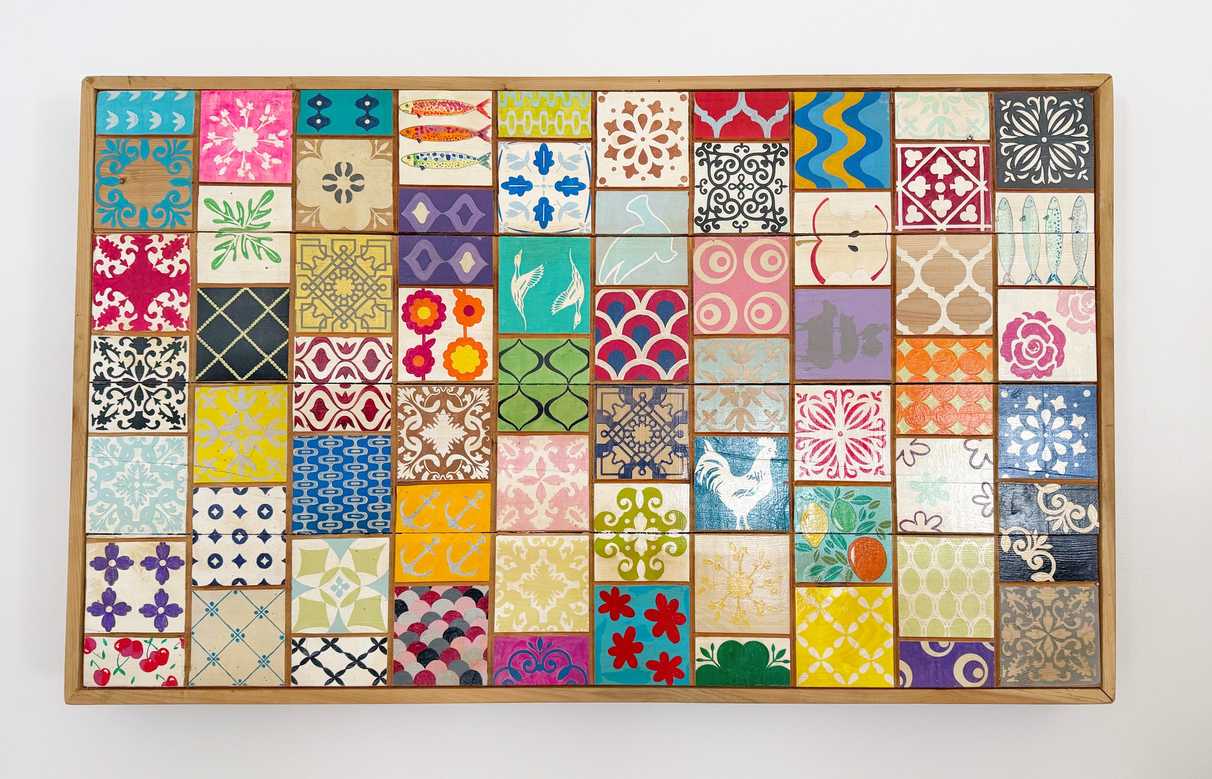 SOLD
'Edna's Quilt'
38" x 26"
Hand painted salvaged cedar tiles and frame.
Each wall quilt is one of a kind and painted by hand here on the island.