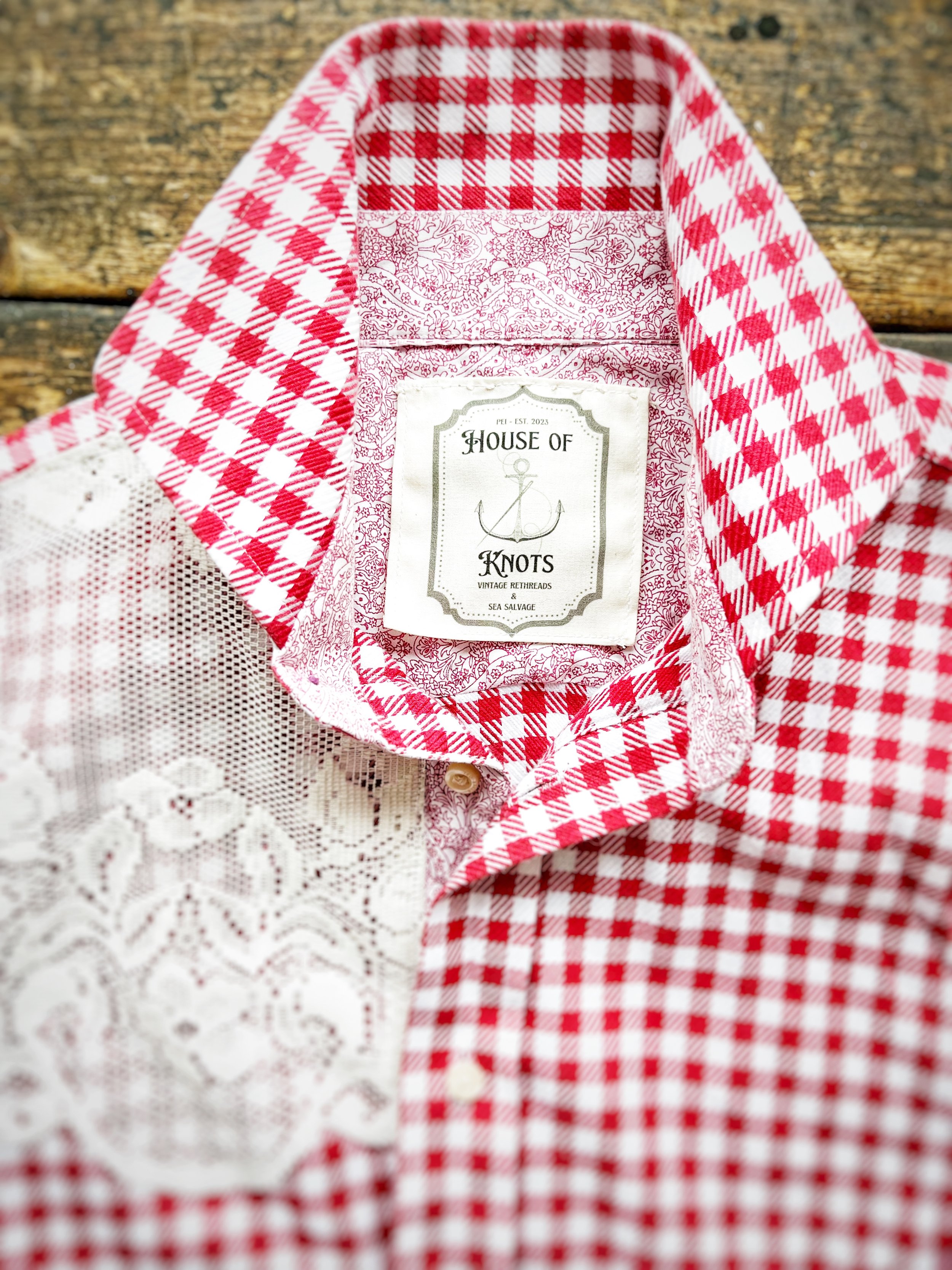 Thrifted and redesigned old gingham shirt with new lace accents and relabeled "House of Knots"