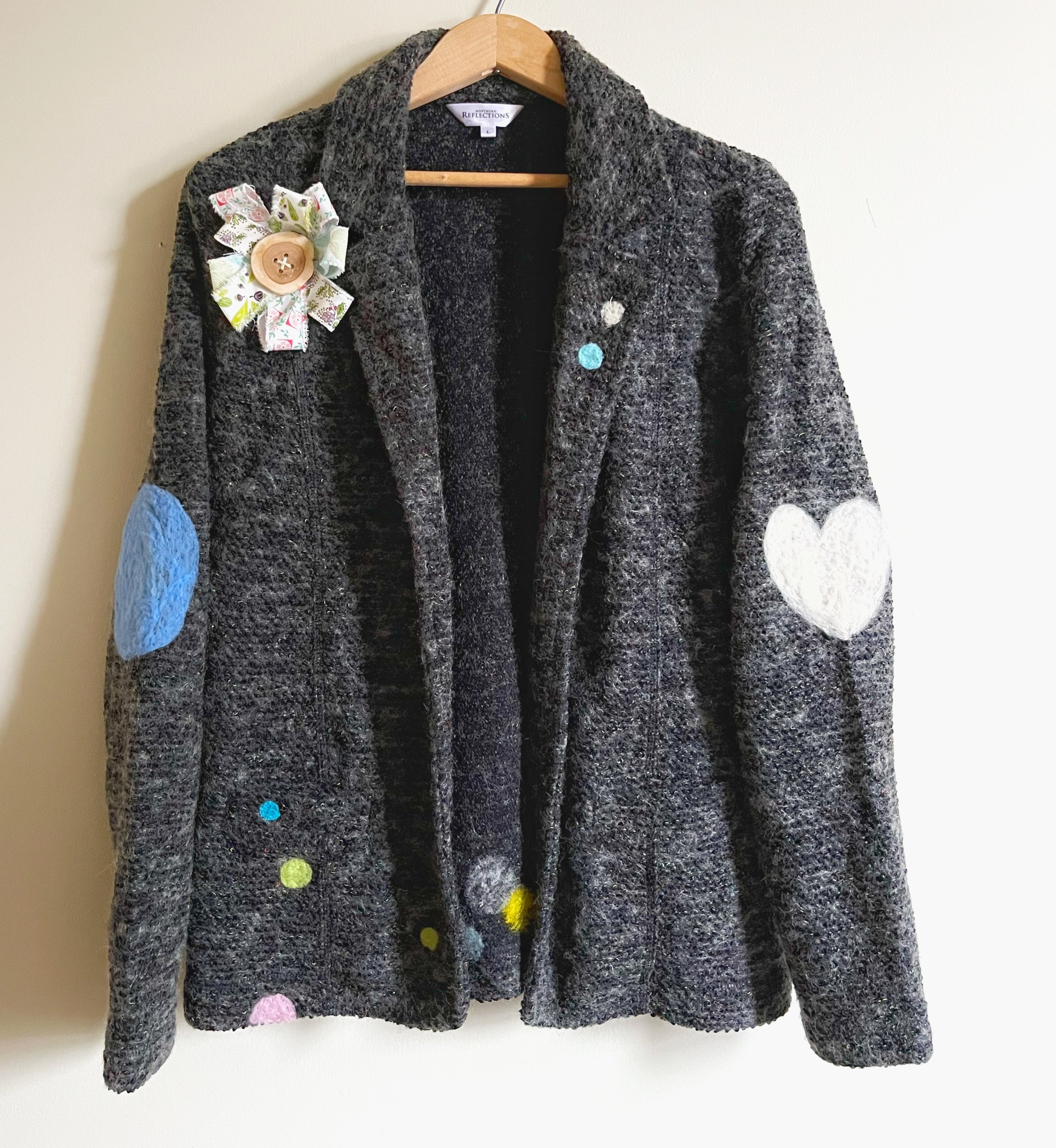 Thrifted and redesigned wool blazer with felted and hand sewn accents to transform it, and relabeled "House of Knots"