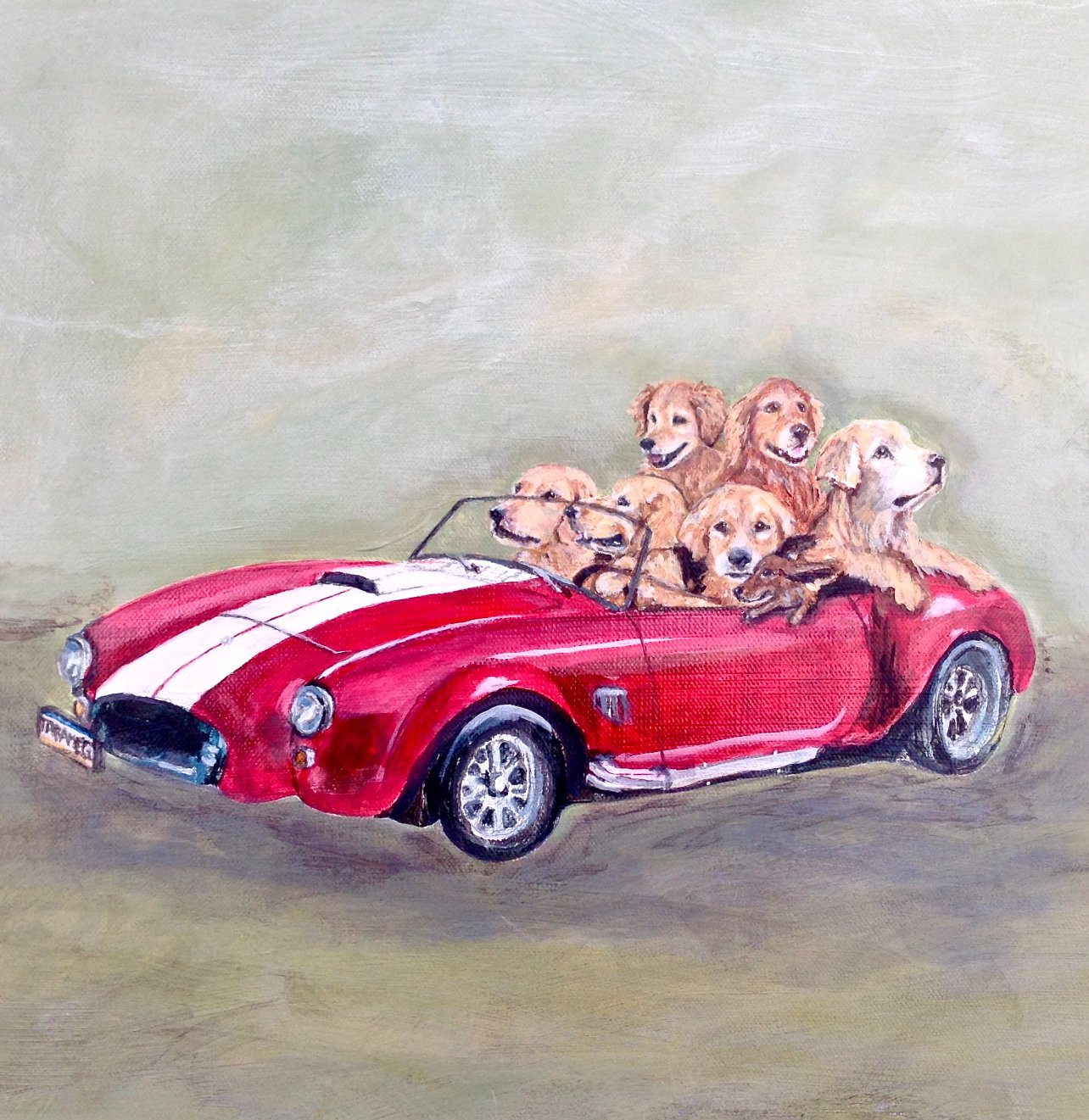 Not “random” dogs! This custom order painting of 7 dogs!!! was painted using photos of each dog- to show their unique personality shining through!  Custom Order for clients in the USA.

