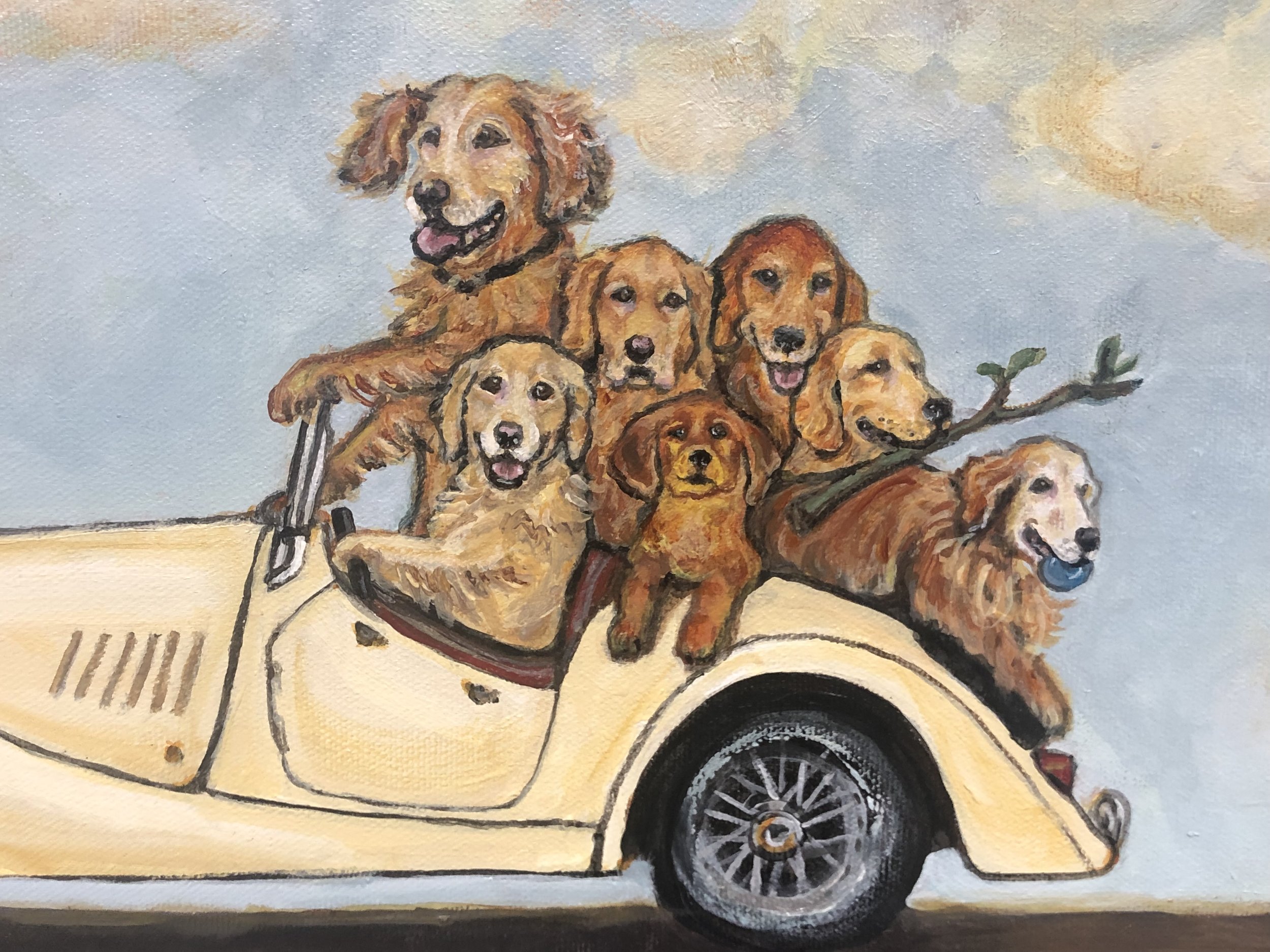 Classic Car, Classic Goldens!  (Detail). Individually painted busing numerous photos to capture personalities and the unique appearances of each dog!


