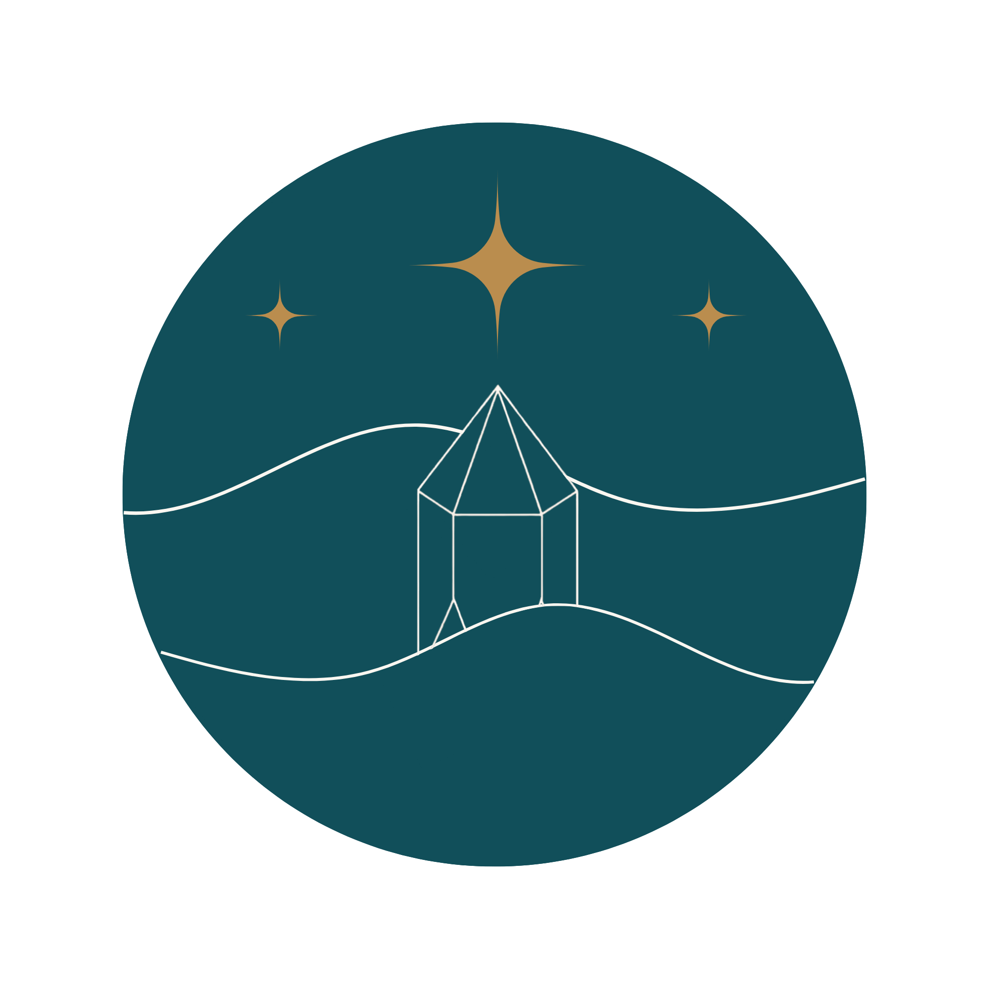 A graphic illustration with a dark blue background featuring a geometric design of a mountain and star symbols, connected by white lines.