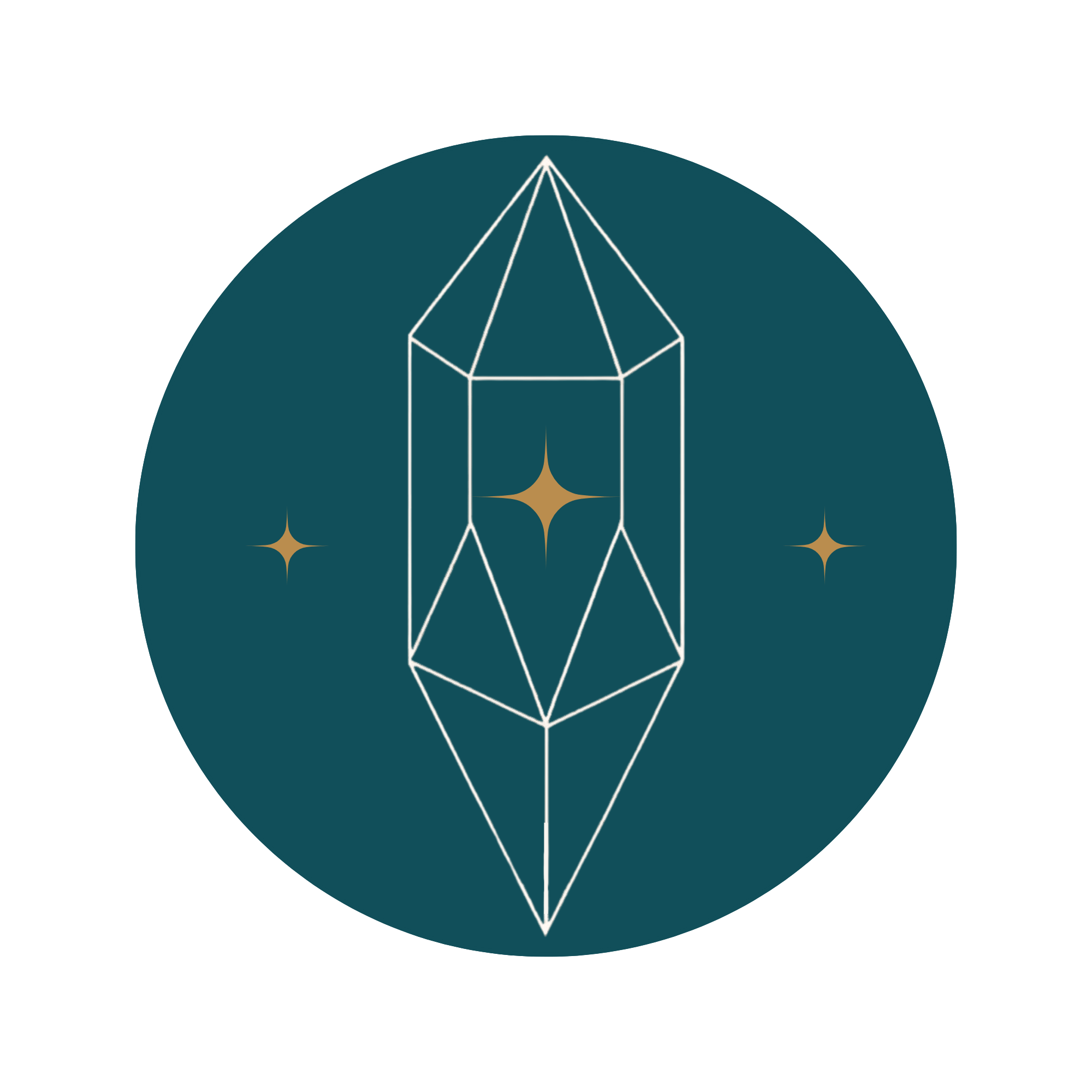 An illustration of a diamond shape encased within a geometric design, with a blue circular background and small star-like accents.