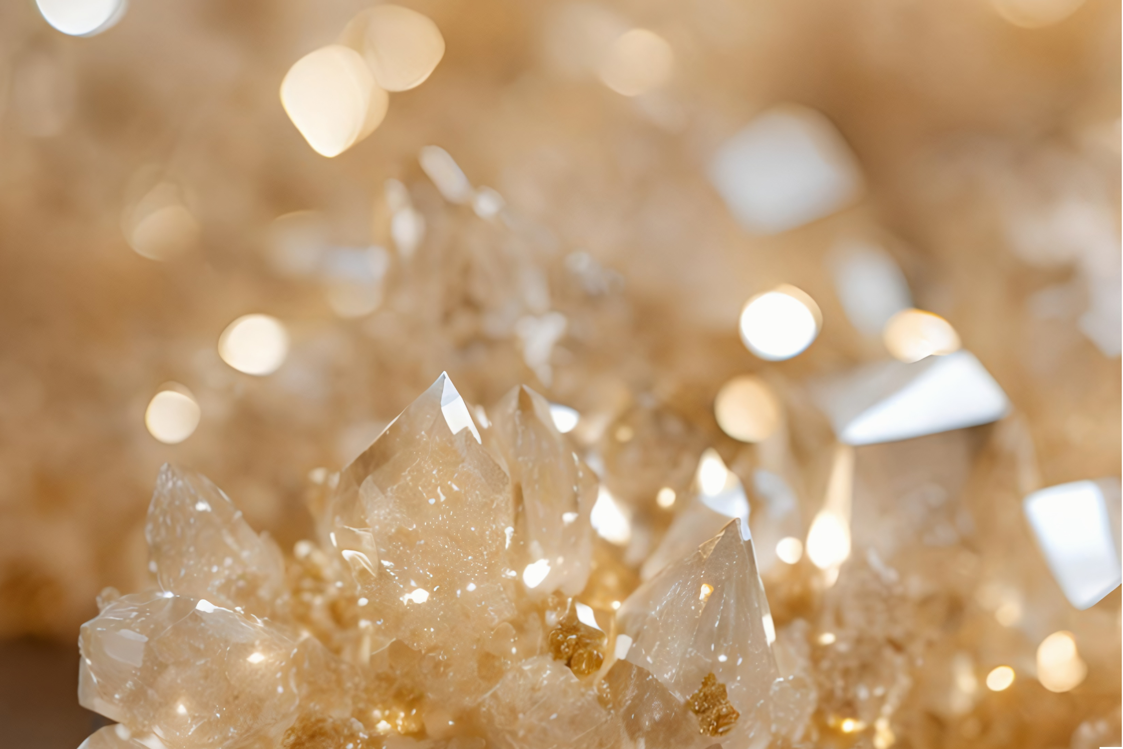Close-up of a sparkling, gold-colored, textured surface with small, bright, out-of-focus light points in the background.