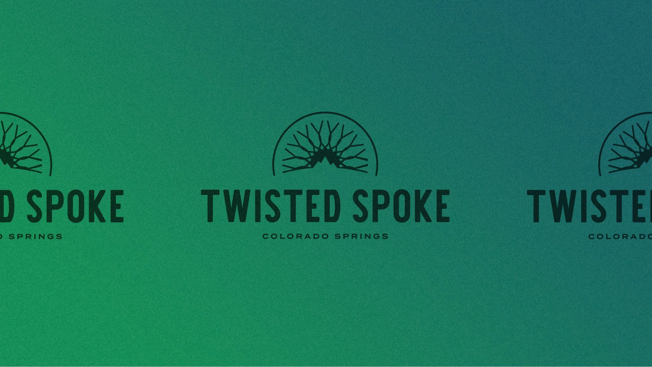 Branding for Twisted Spoke with a stylized tree logo, featuring the text 'Twisted Spoke' and 'Colorado Springs' underneath, printed on a green background.