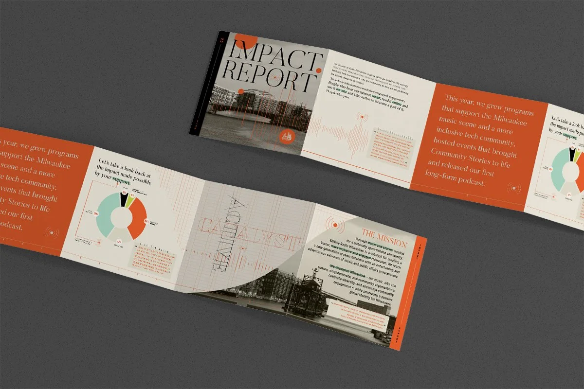 Open brochure titled 'Impact Report' with orange and white color scheme, featuring images of buildings, charts, and text about programs supporting the Milwaukee music community.
