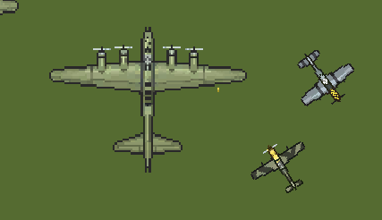 Pixel art image of military aircrafts flying in formation over grassy terrain.
