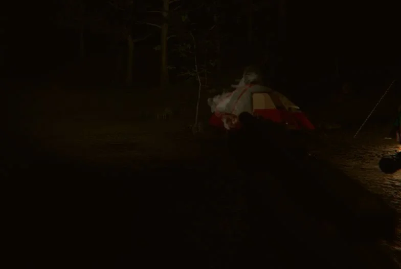 A small tent, illuminated faintly, is set up in a dark outdoor area near trees, with smoke rising from inside or near it.