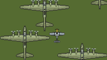 Top-down view of three military planes flying in formation over a grassy landscape.