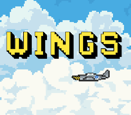 Pixel art image with the word 'WINGS' in large yellow letters, a jet airplane flying through the sky, and fluffy clouds in the background.