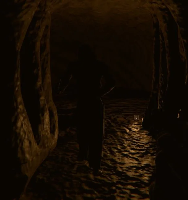 Silhouette of a person walking through a dark, narrow tunnel with uneven, textured walls and a faint light at the end.