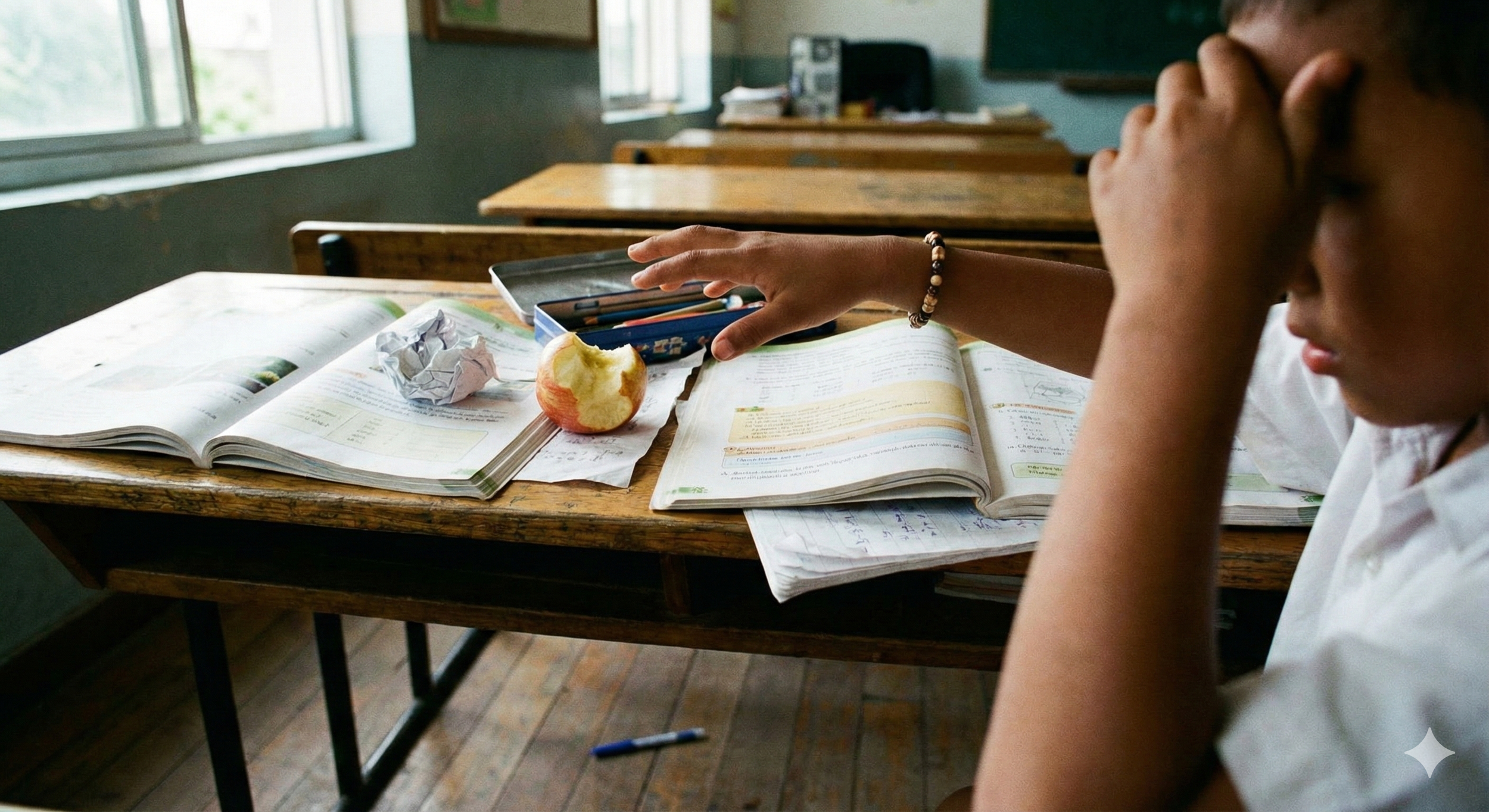 A close-up, first-person view of a chaotic school desk covered in open books, loose papers, and a half-eaten snack. A child's hand hovers over the mess, appearing hesitant and unsure of where to begin.