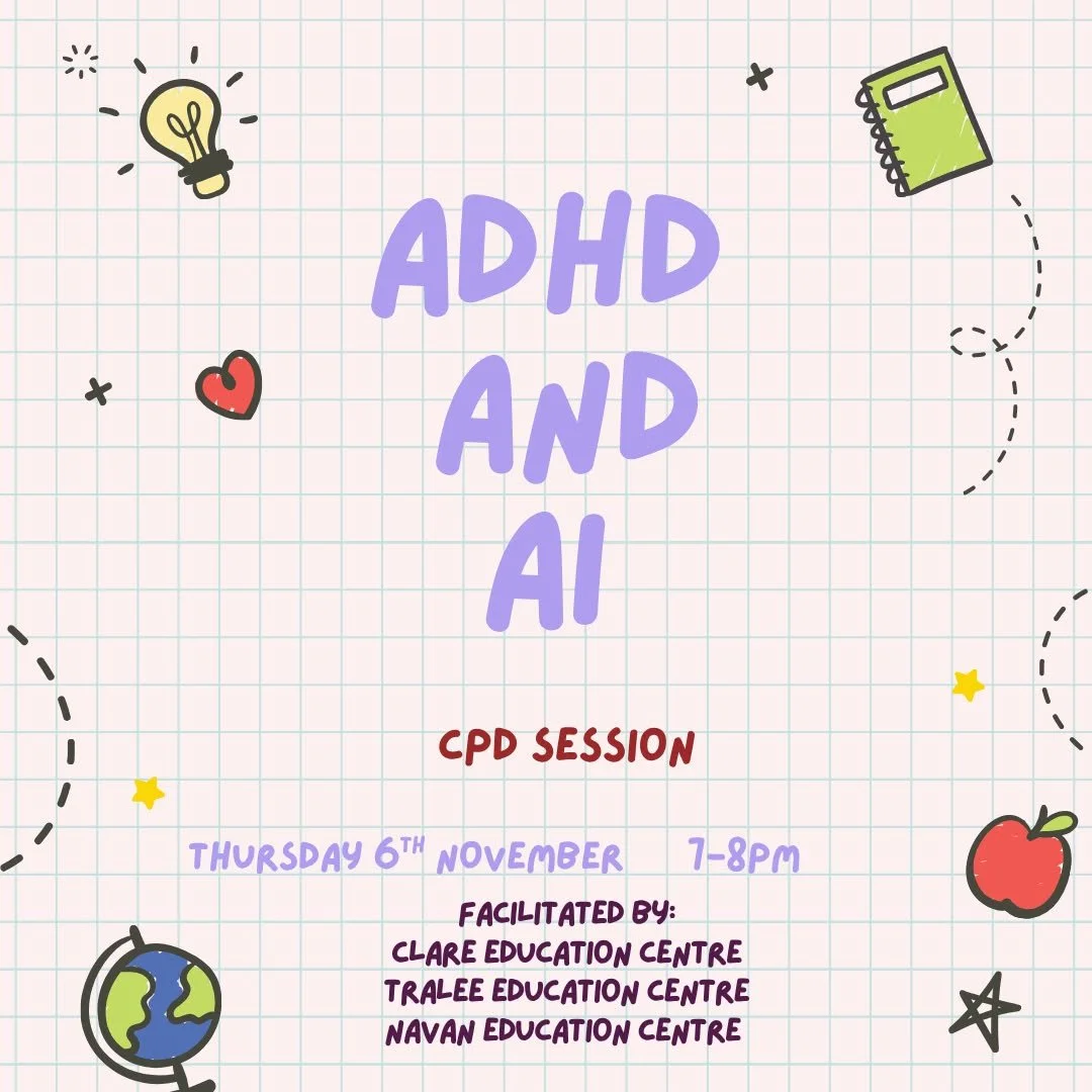 Really looking forward to this session in particular! AI can serve as an accessible support for students with ADHD - the main benefit is that it is completely free!

@clareedcentre 
@navanedsupportcentre 
@traleeesc 

 #PME #adhd #adhdawareness #adhd
