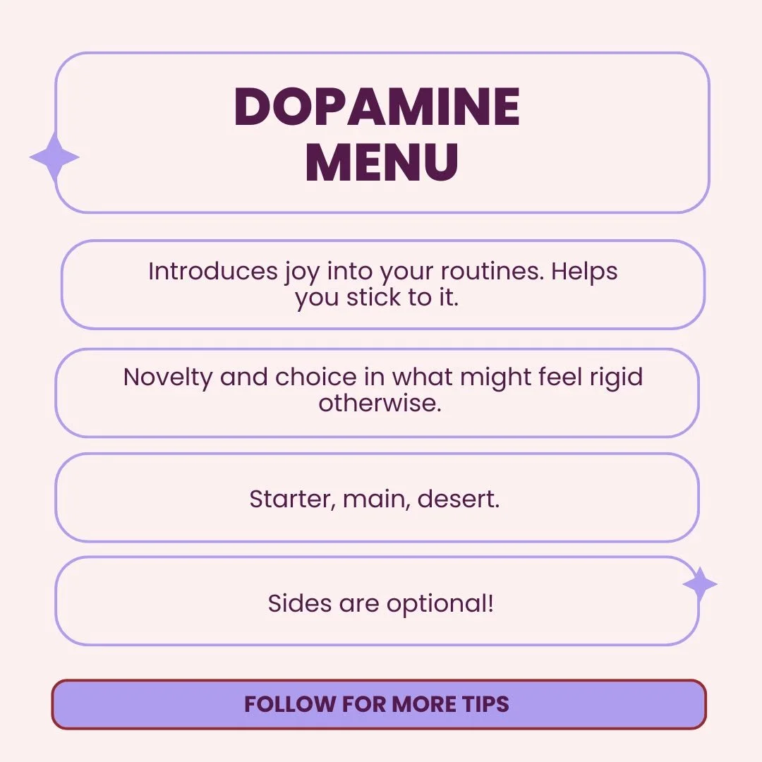 Creating a dopamine menu can be one of the simplest ways to create a routine that will actually work for your brain! You can have as many of these menus as you like - morning, afternoon, evening - the week you menstruate (when energy is lower).

 #ad