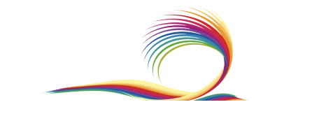 Abstract rainbow-colored swoosh design with a curved trail of vibrant colors on a white background.