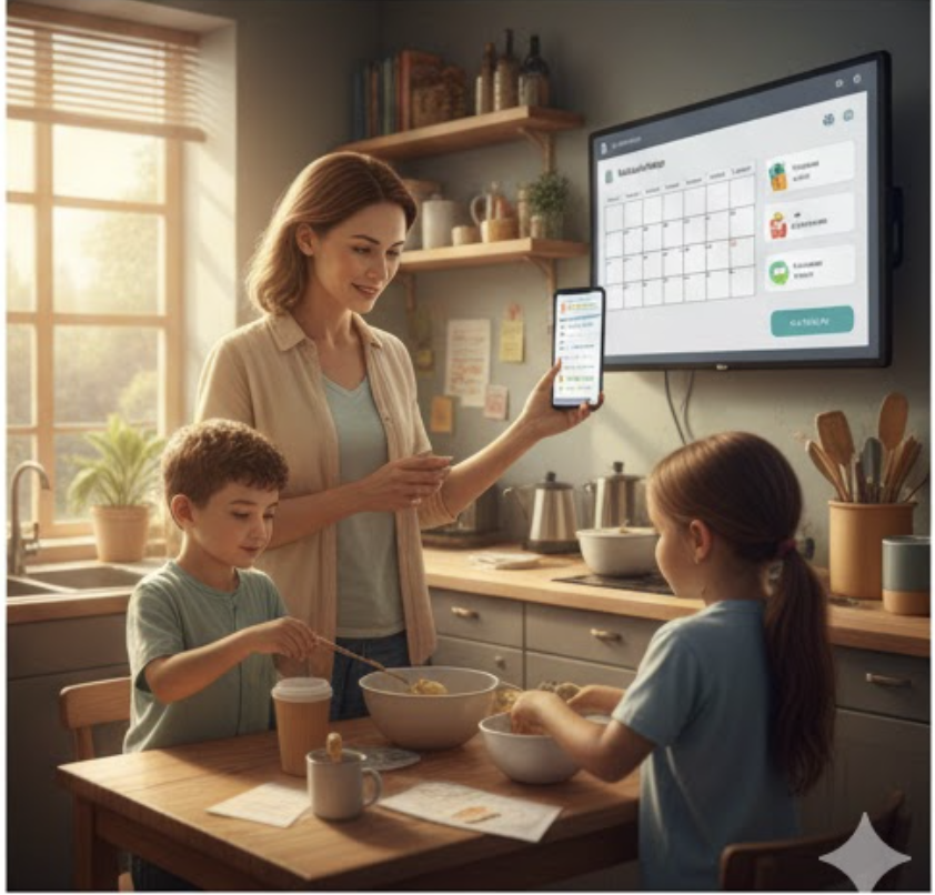 A mother, holding a smartphone, points to a wall-mounted screen displaying a colorful, AI-generated visual family schedule and routine in the kitchen, while her children make a snack.