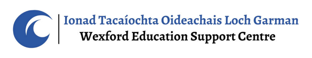Logo of  Wexford Education Support Centre with the name 'Ionad Tacaiocht Oideachais Loch Garman' in large blue text. 