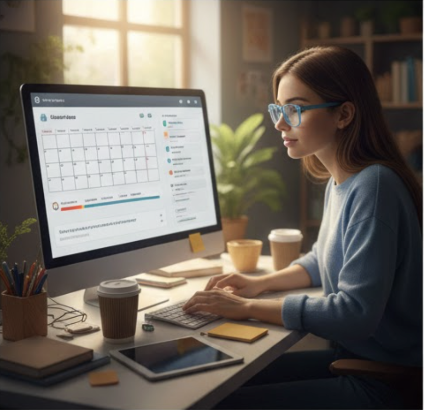 A woman wearing glasses focuses on a computer screen displaying a detailed AI-powered calendar and task management application to assist with scheduling and concentration.