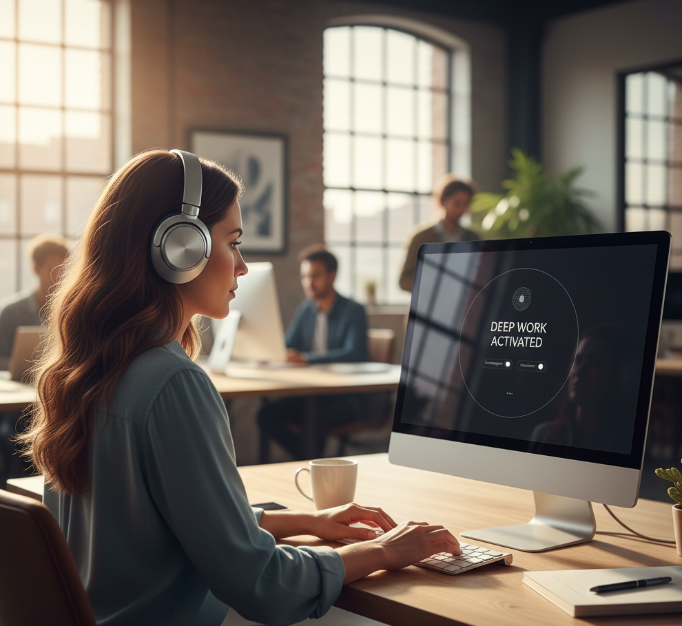 Photorealistic cinematic shot of a professional wearing sleek noise-canceling headphones in a bright modern office. Soft bokeh background of colleagues. Focus on a calm, determined facial expression. Natural lighting