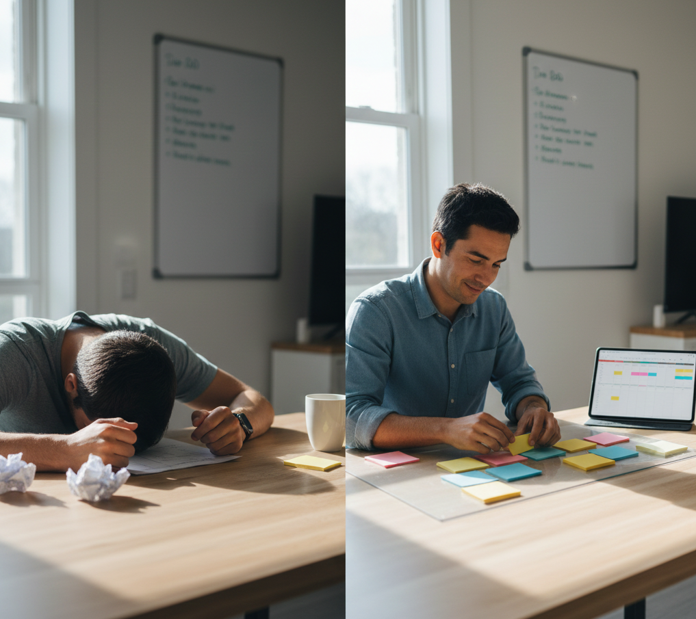 A person with their head down on a desk, hands gripping the edge, surrounded by unfinished work, conveying intense frustration.