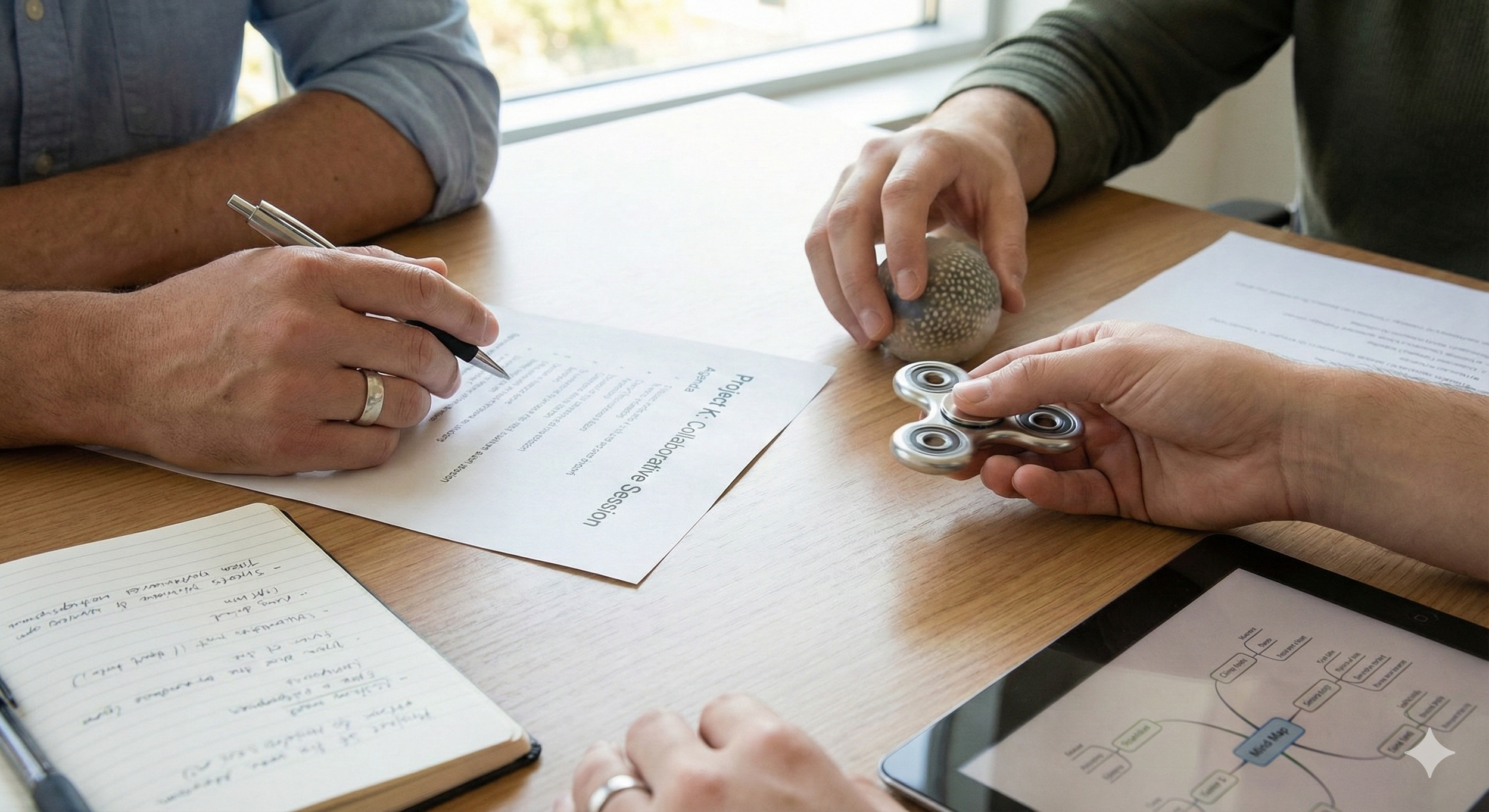 A team meeting featuring inclusive tools like agendas, timers, and fidget toys.