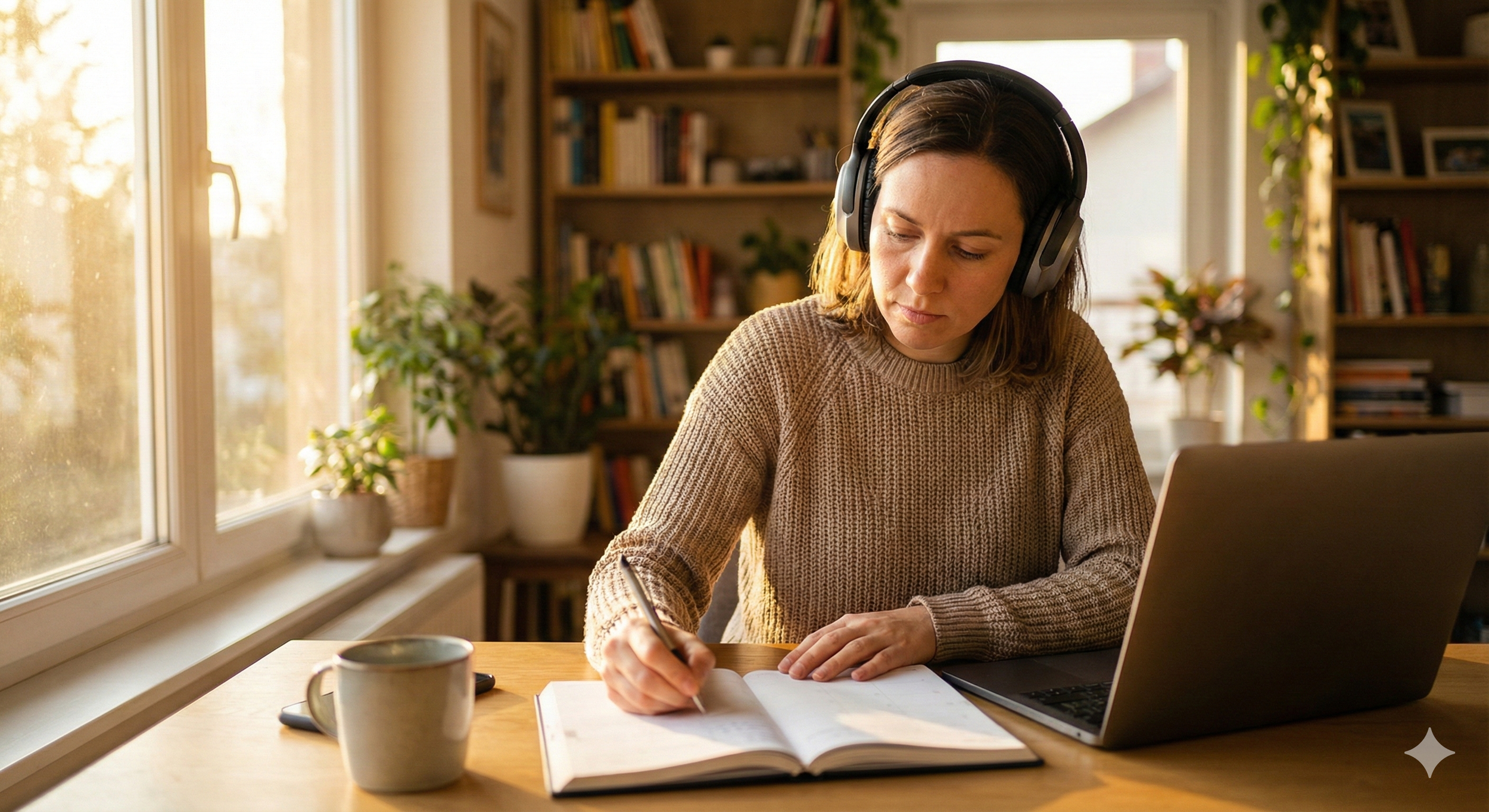 professional woman with ADHD using noise-canceling headphones and visual planners to focus in a modern office.