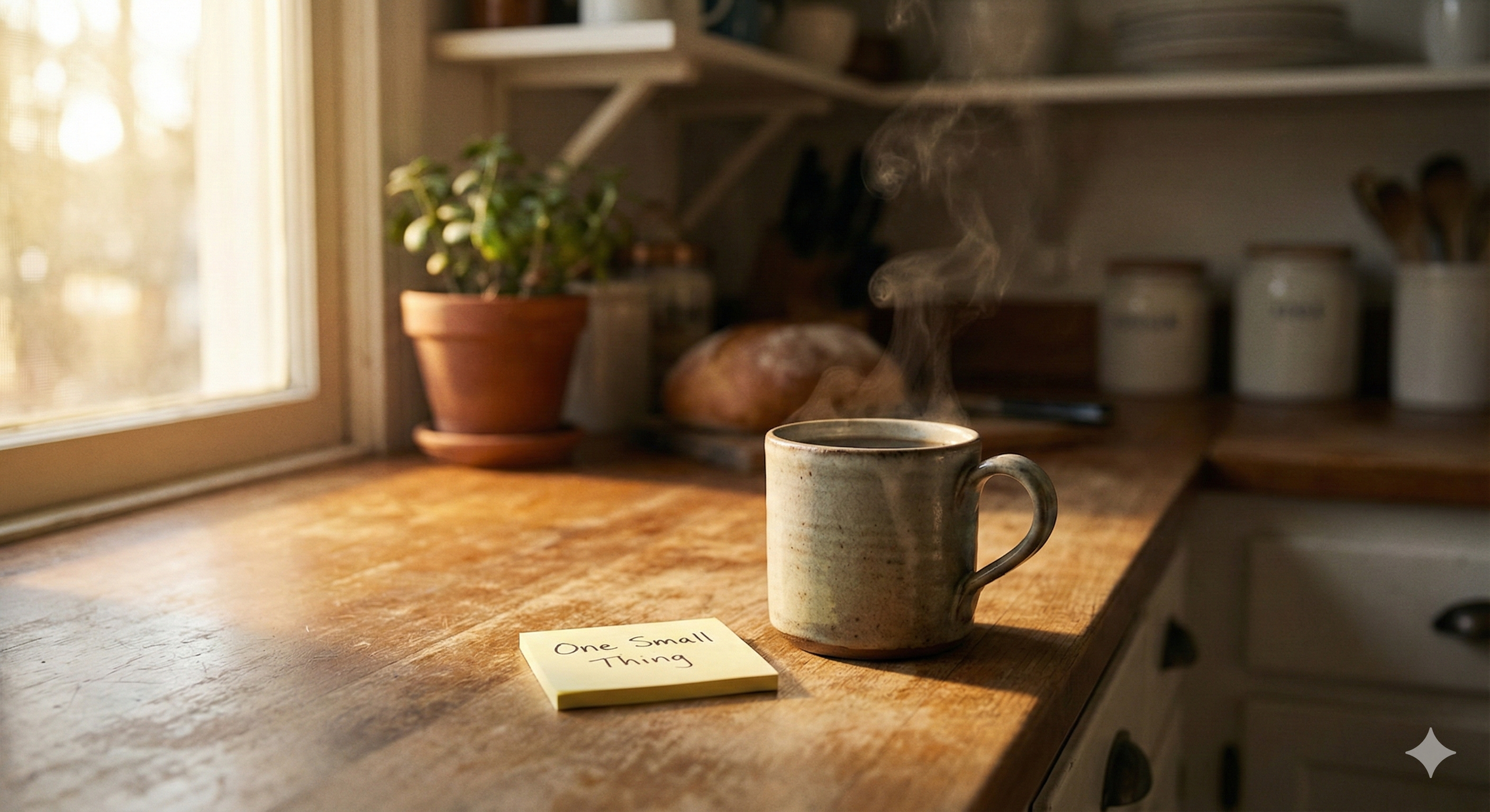 A cozy kitchen scene with coffee and a motivational sticky note in soft morning light.