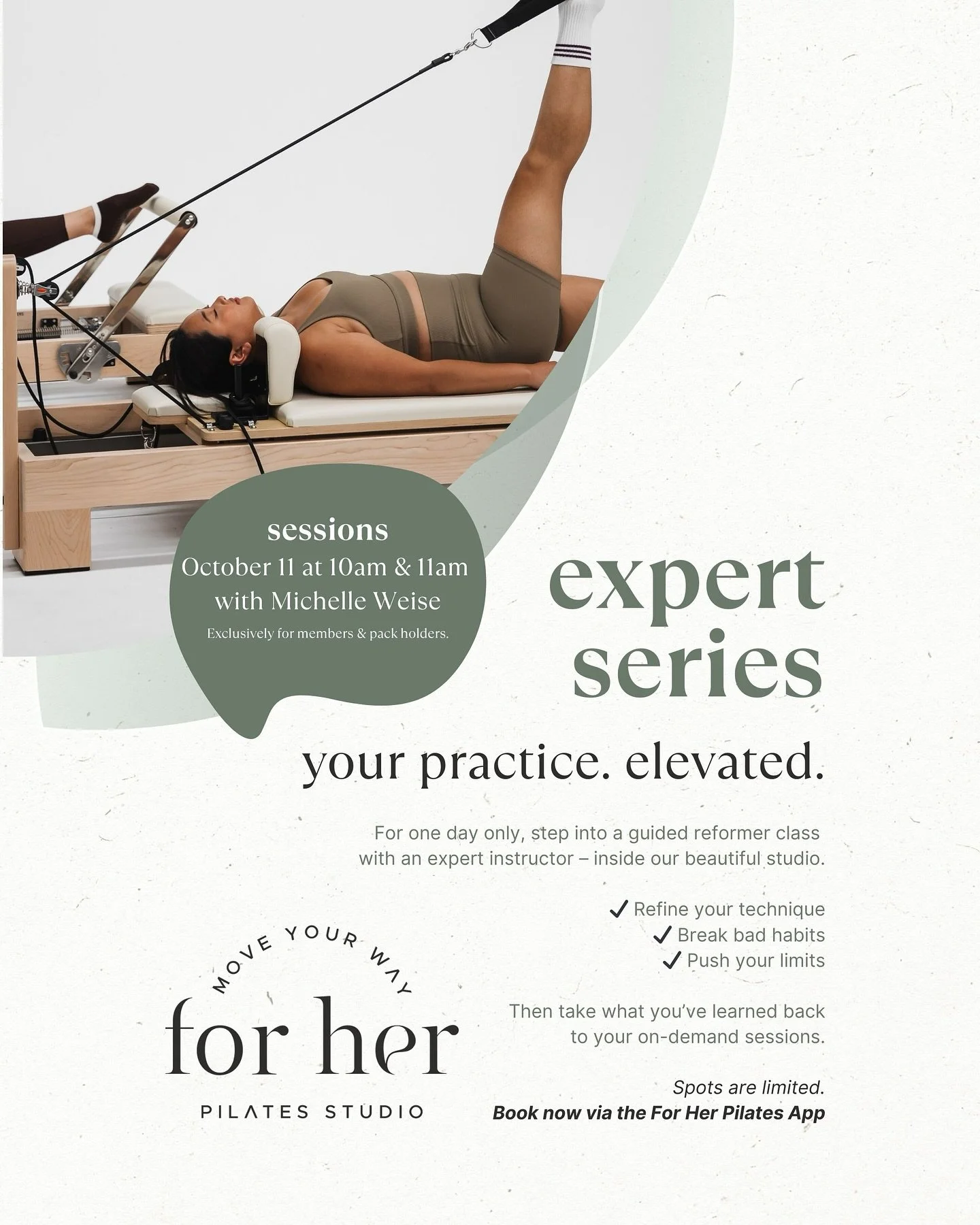 Our next expert instructor lead series is live in the app. Happening with Michelle Weise on Saturday, October 11 at 10 AM and 11 AM. Bookings are limited and late cancel / no-show fees will apply. Bookings available now in our app. 

Not available to