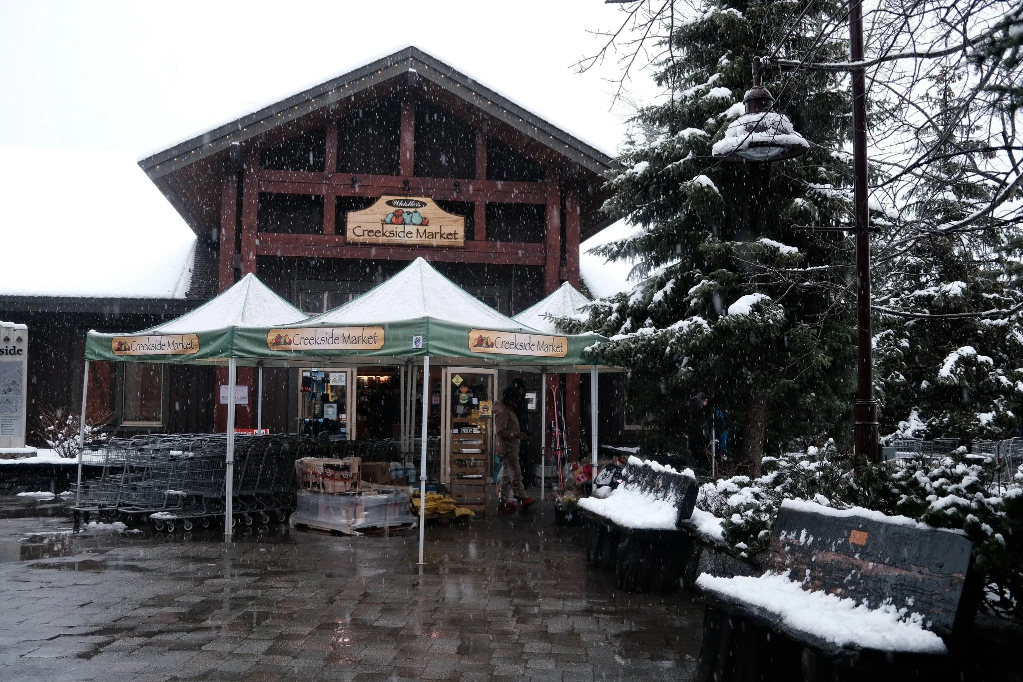 Snow falling outside of Creekside Market, a rustic wooden building with a sign, with green canopies, shopping carts nearby, and snow-covered benches and trees.