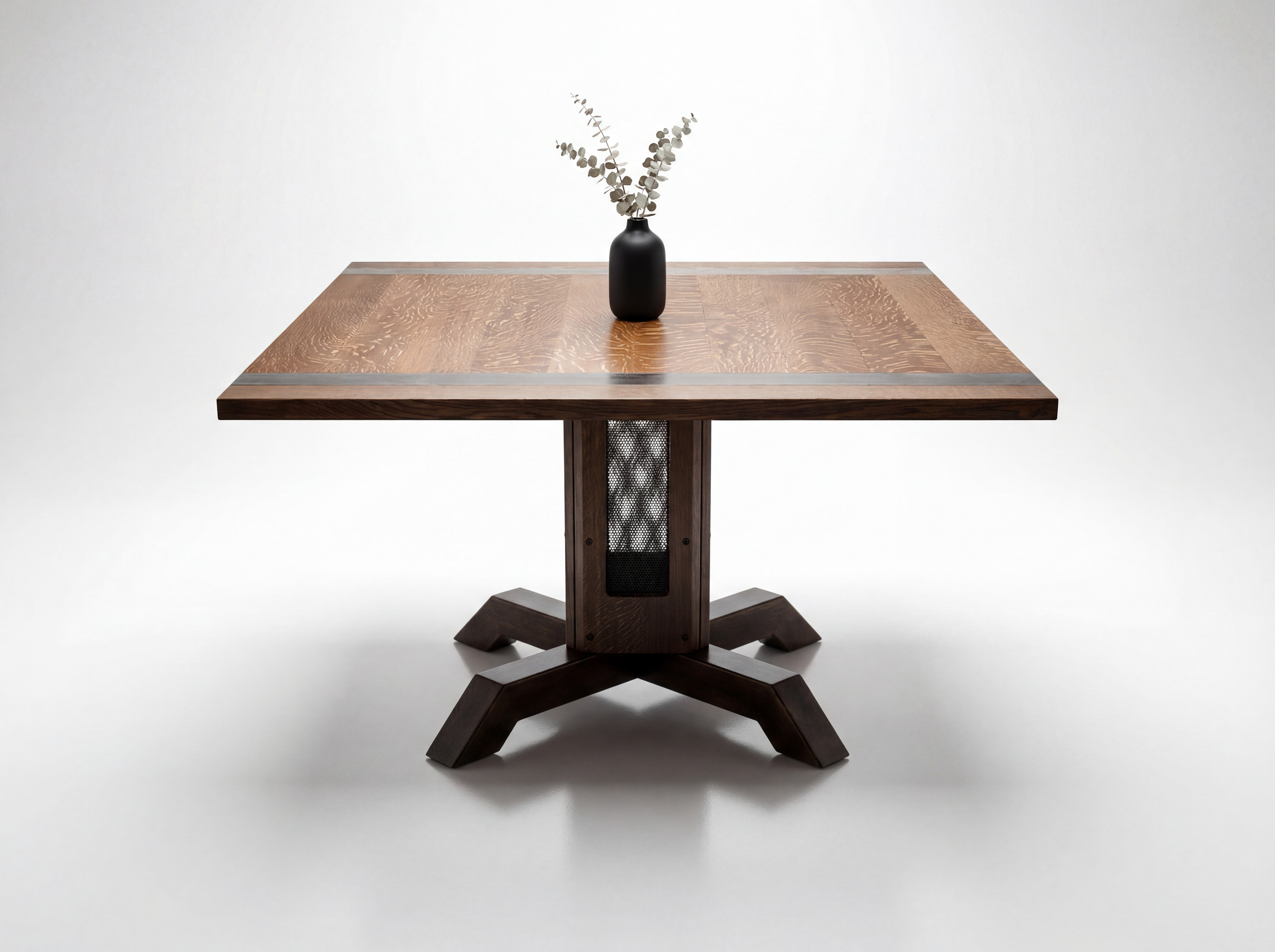 5'x5' square counter height dining table made from solid quarter sawn white oak and steel. 