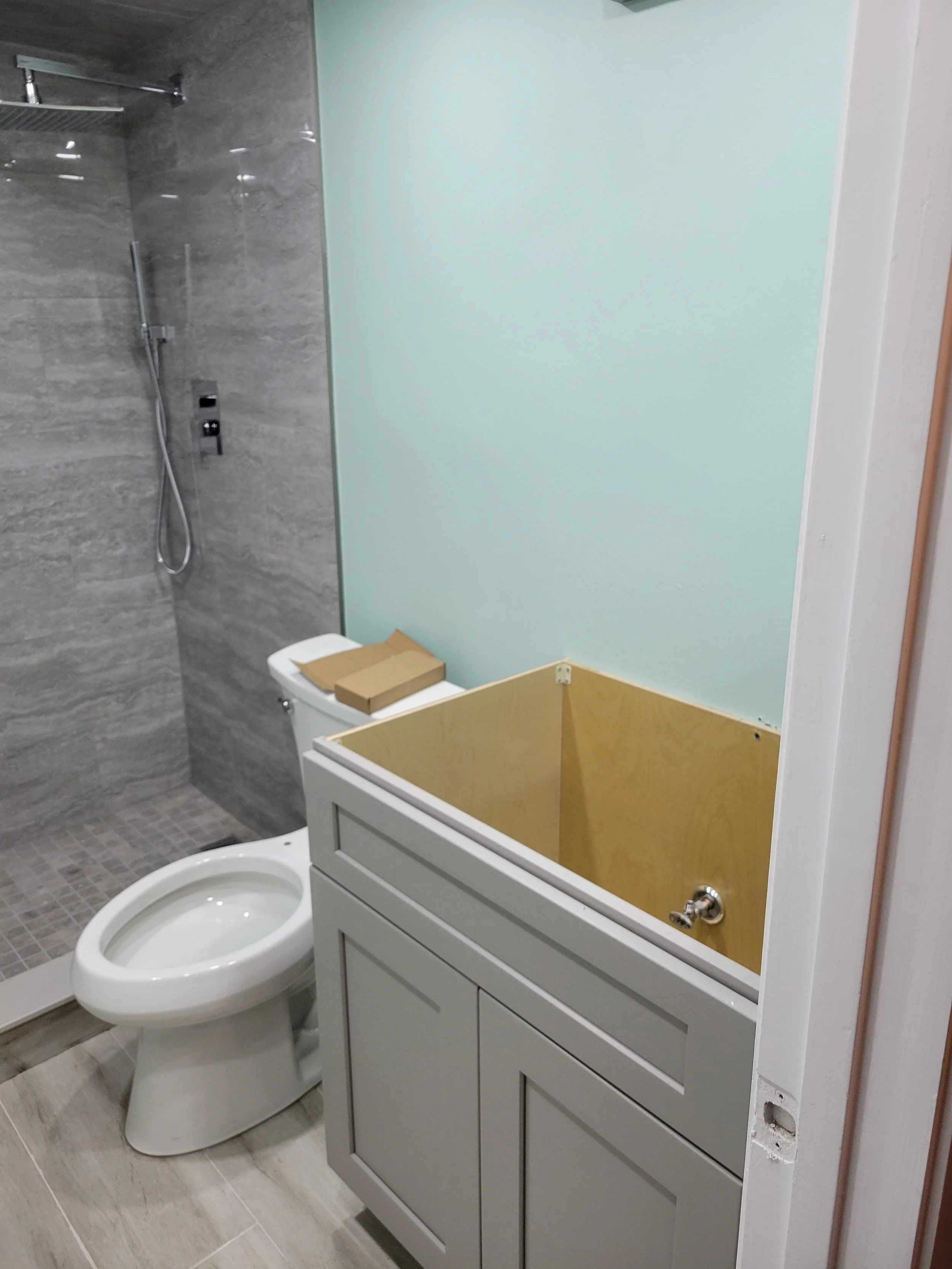 Bathroom under renovation with a shower area, toilet, and a cabinet without a sink installed.