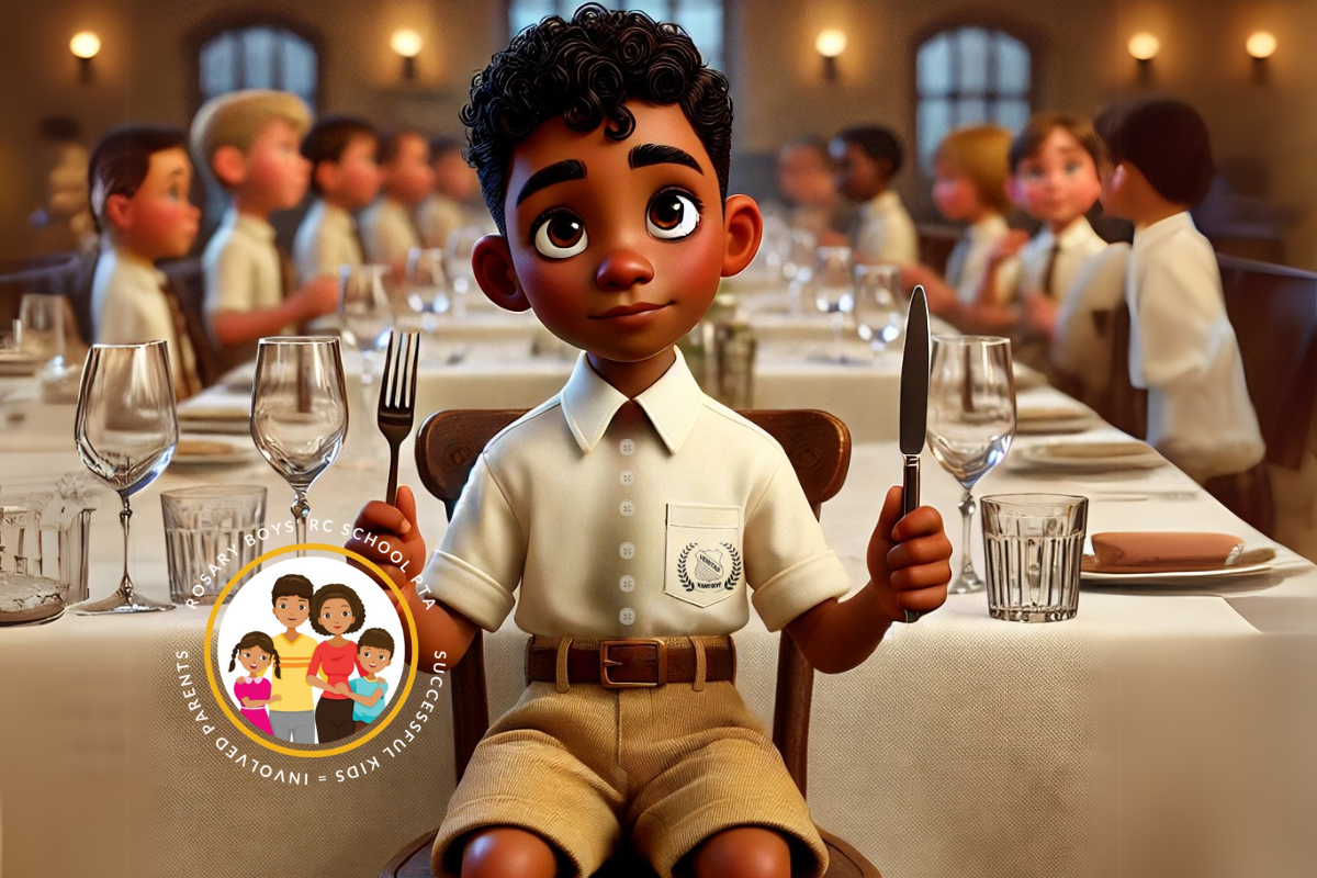 A young boy with dark curly hair, wearing a white shirt with a logo, tan shorts, and a belt, is sitting at a dining table in a formal setting, holding a fork and knife. The table is set with glasses, plates, and silverware, and other children are seated in the background in a large, warmly lit room.