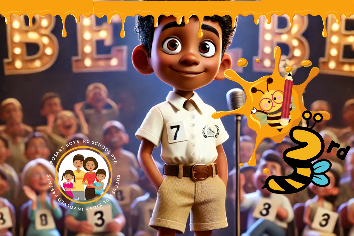 Animated boy with dark curly hair and brown eyes standing on stage in front of an audience, wearing a white school uniform shirt with the number 7, beige shorts, and a brown belt, with colorful decorations and cartoon characters around him.