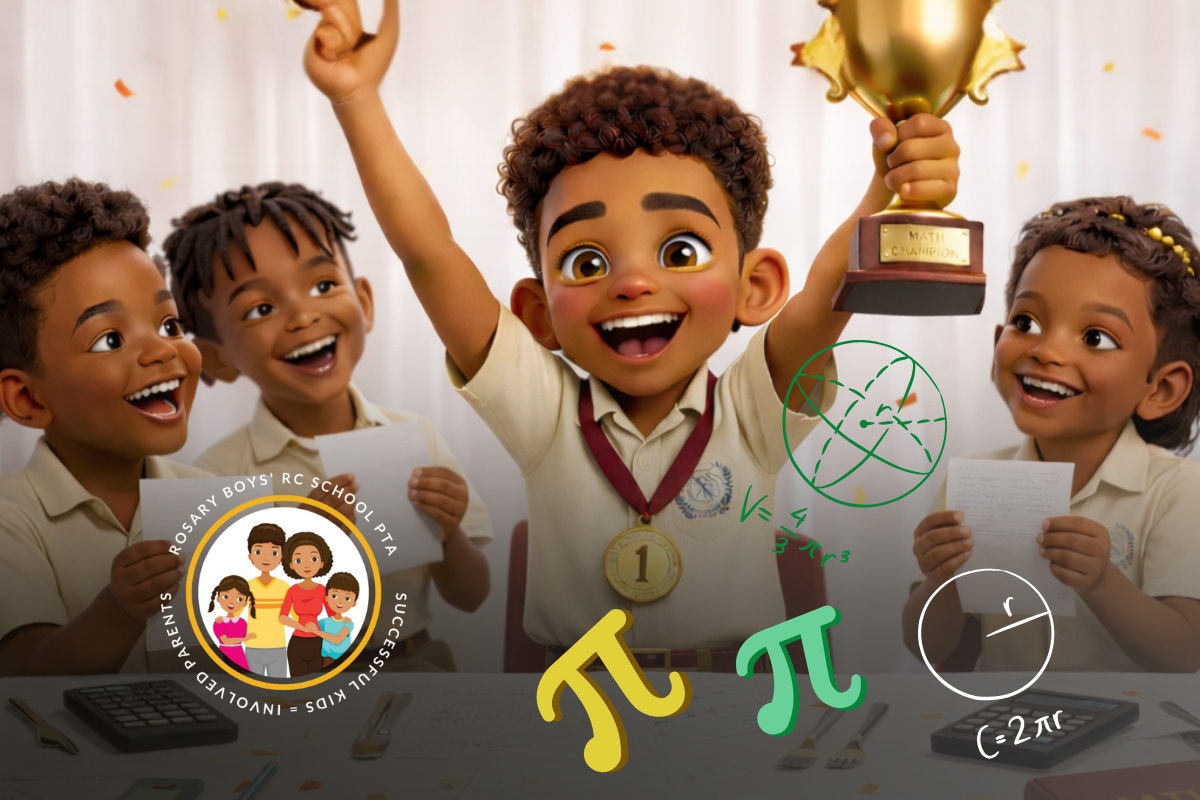 Four young boys in school uniforms celebrating a victory with one holding a gold trophy, surrounded by math symbols and drawings.