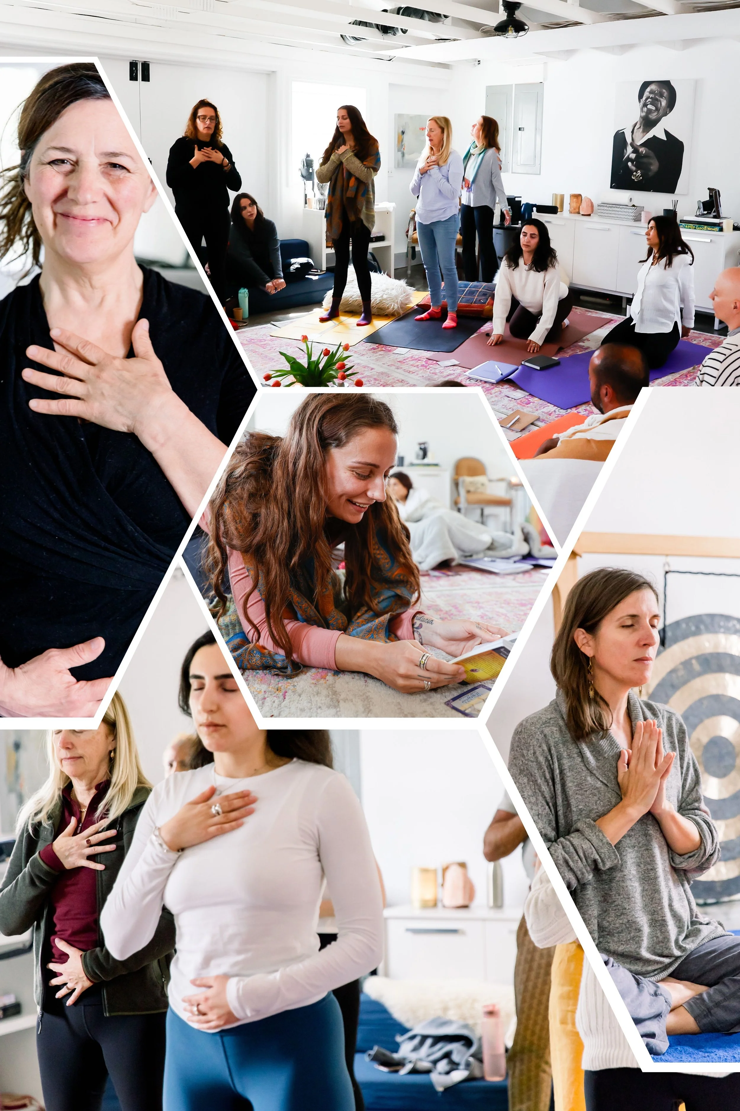 Collage of people engaging in a wellness workshop, practicing mindfulness and meditation in a studio setting. Participants are standing and seated with hands over their hearts, engaging in reflective activities.