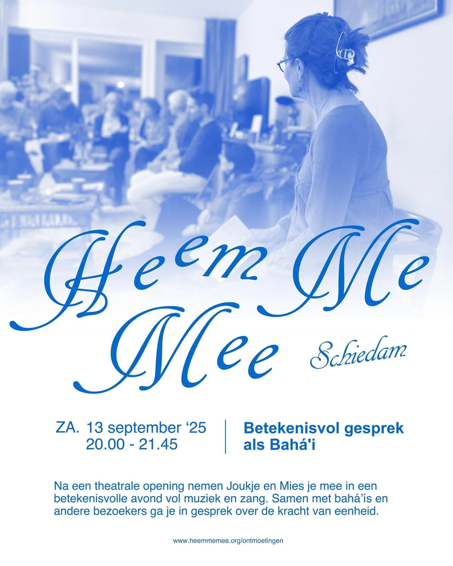 Wat betekent eenheid voor jou?
Ontdek het tijdens een bijzondere Bah&aacute;&rsquo;i-avond met gesprek, muziek en zang op zaterdag 13 september in Schiedam.

Na een theatrale inleiding nemen Joukje en Mies je mee in een betekenisvol en verbindend ges