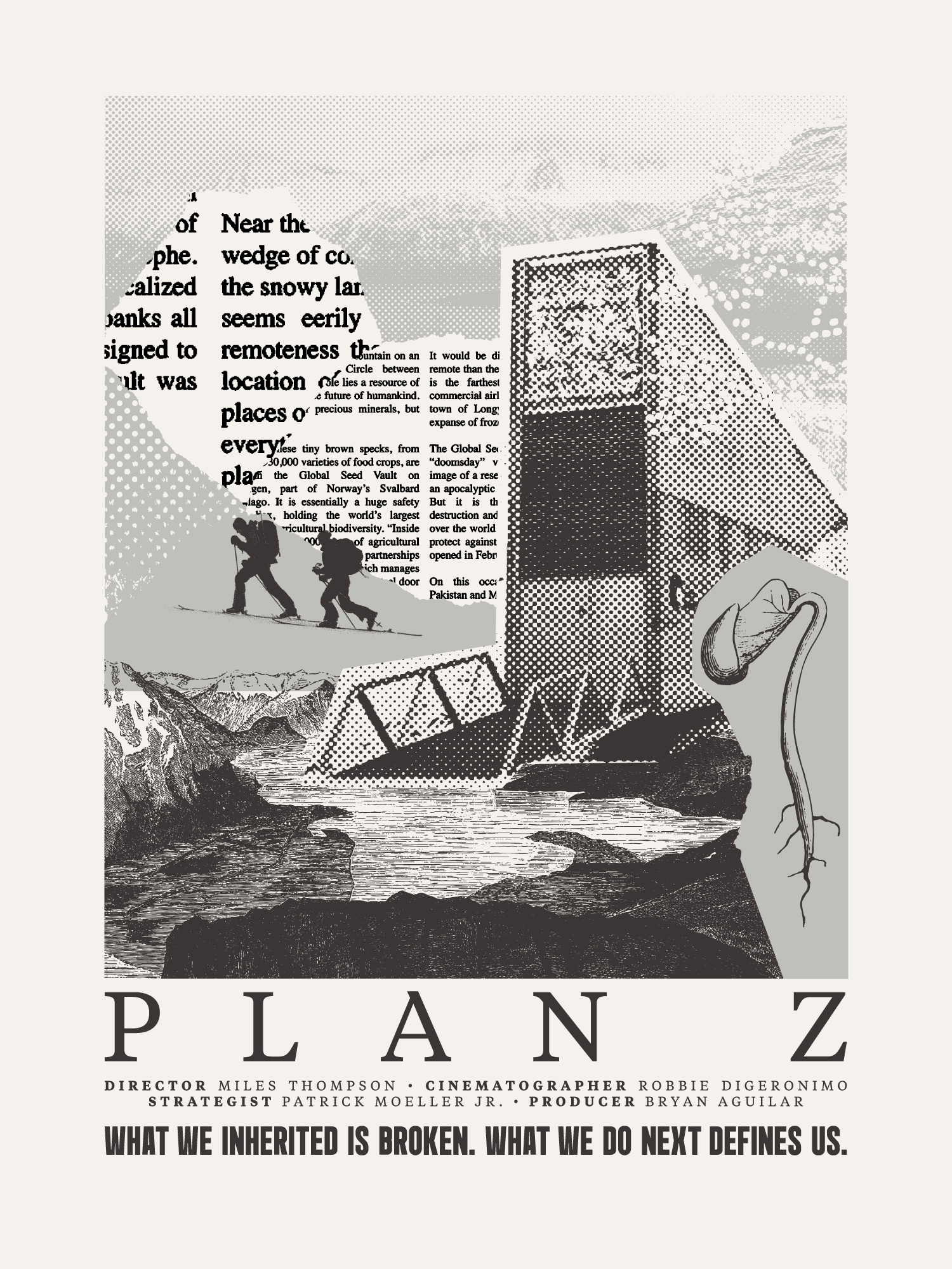 A collage of various black and white images including two hikers, a mountain range, a building, a plant with roots, and text about exploration and discovery, with the title 'PLANEZ' and a tagline about inheritance and future actions.