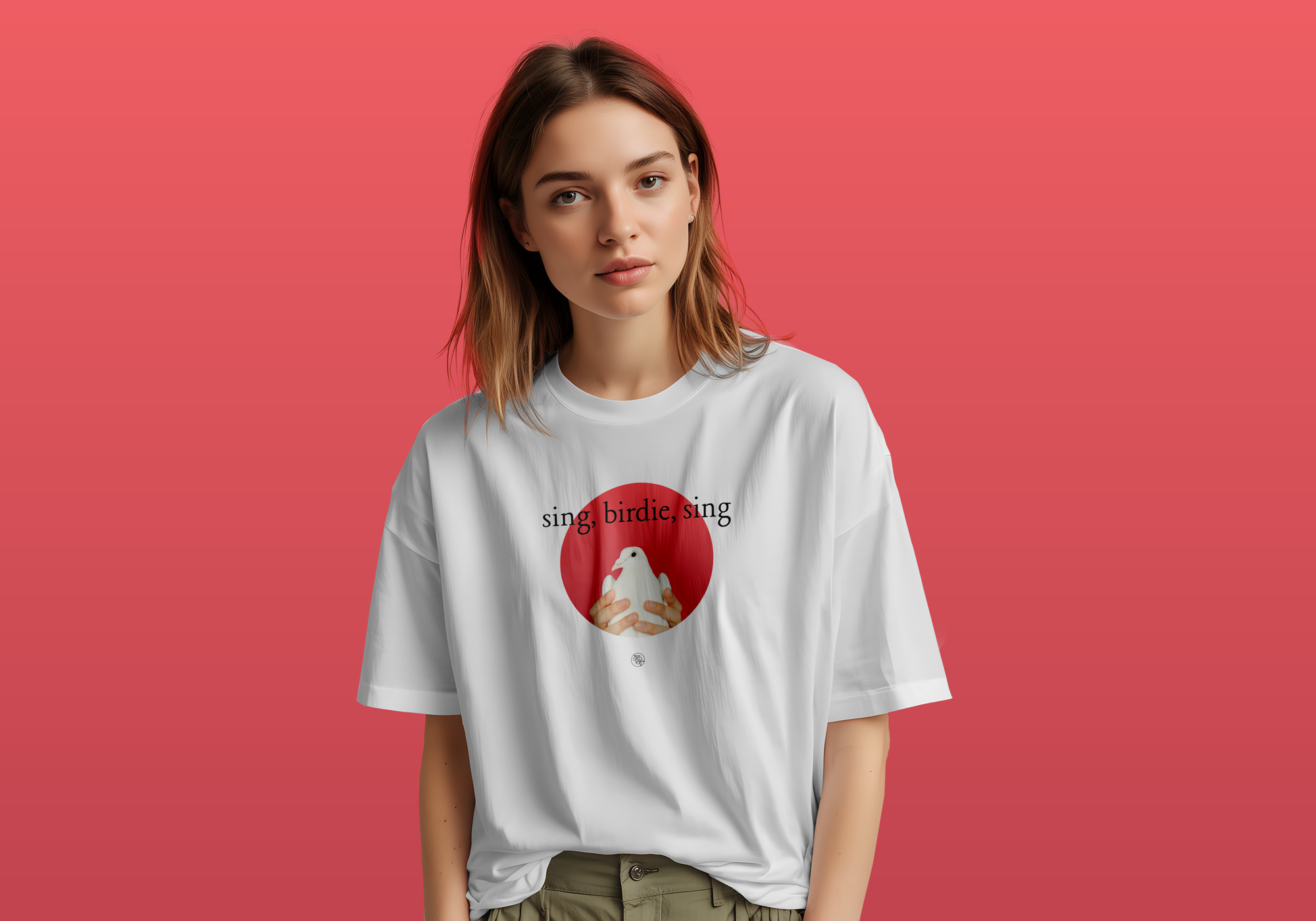 Woman wearing a white t-shirt with artwork of a white dove being held and the words 'sing, birdie, sing'.