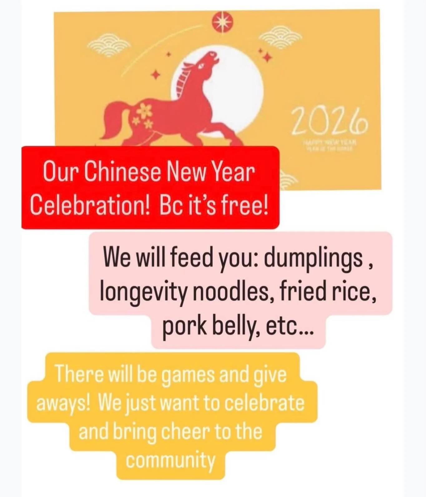 🐉🧧 ATTENTION 🧧🐉
Yes, we know Chinese New Year officially starts Feb 4th! 

And YES, we are celebrating on Feb 21st | 3&ndash;6pm.
Why? Because Chinese New Year celebrations traditionally run through March 3rd and we will not be rushed by a calend