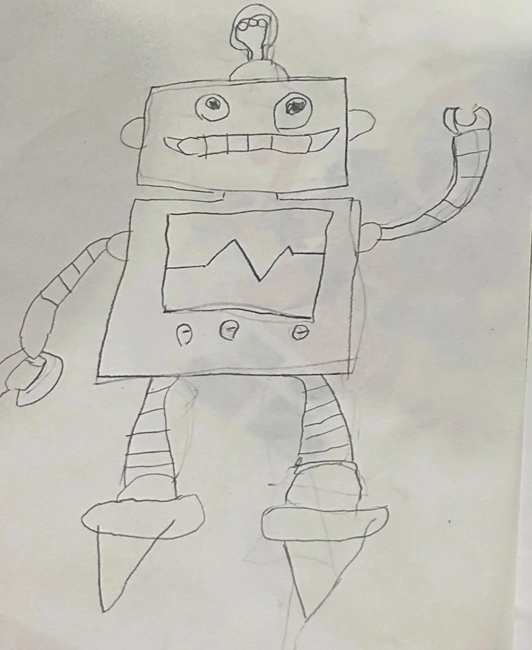 Hand-drawn robot with a rectangular body, a square head, and a smiling face. It has large eyes, a small antenna on top of its head, a jagged line on its chest, and striped arms and legs ending in ice cream cone shapes.