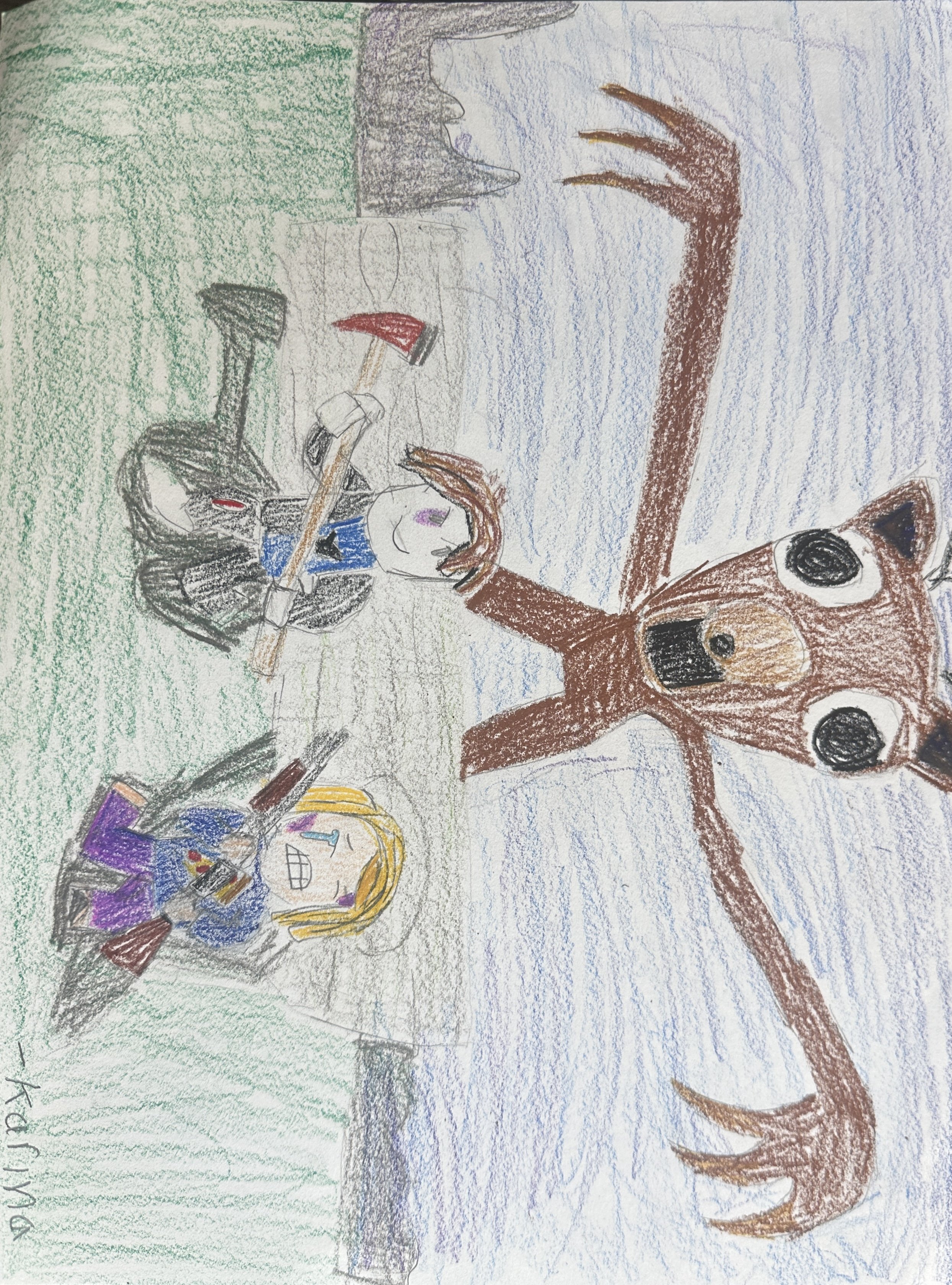 A colorful crayon drawing of a person with long blue hair and a purple outfit, holding a sword and smiling. To the right is a large, happy brown monkey with big white eyes and a curious expression, standing on a purple ground with a blue sky background.