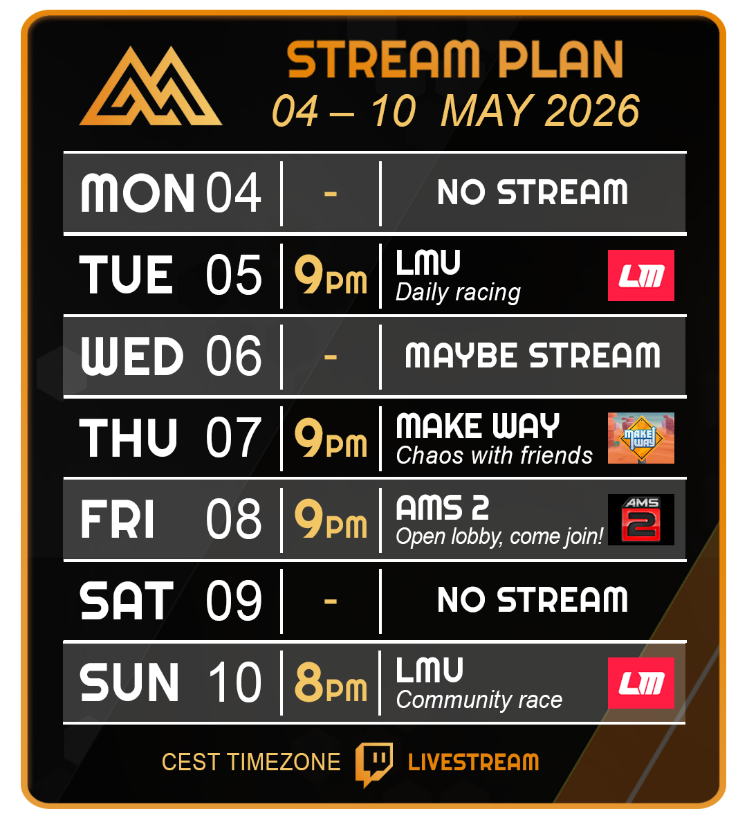 A digital schedule for a streaming event from May 4 to May 10, 2026