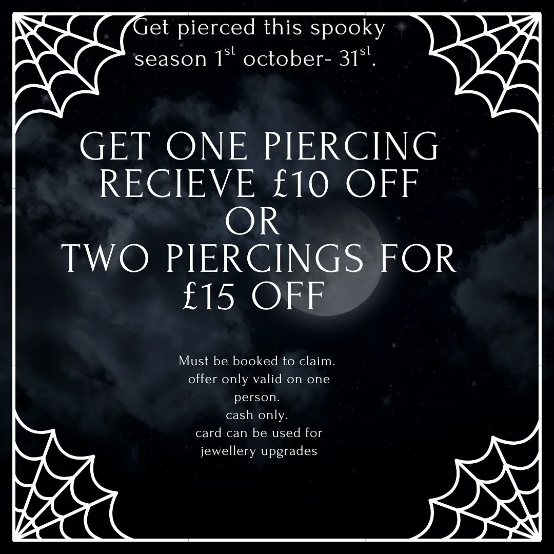 Spooky season has arrived. 🦇

To celebrate there is a few offers running throughout October. 

If you want a piercing now is the perfect time to book. 

Also 20% off with the code spookyseason on my website. Check out my bio. 

#spookyseason #pierci
