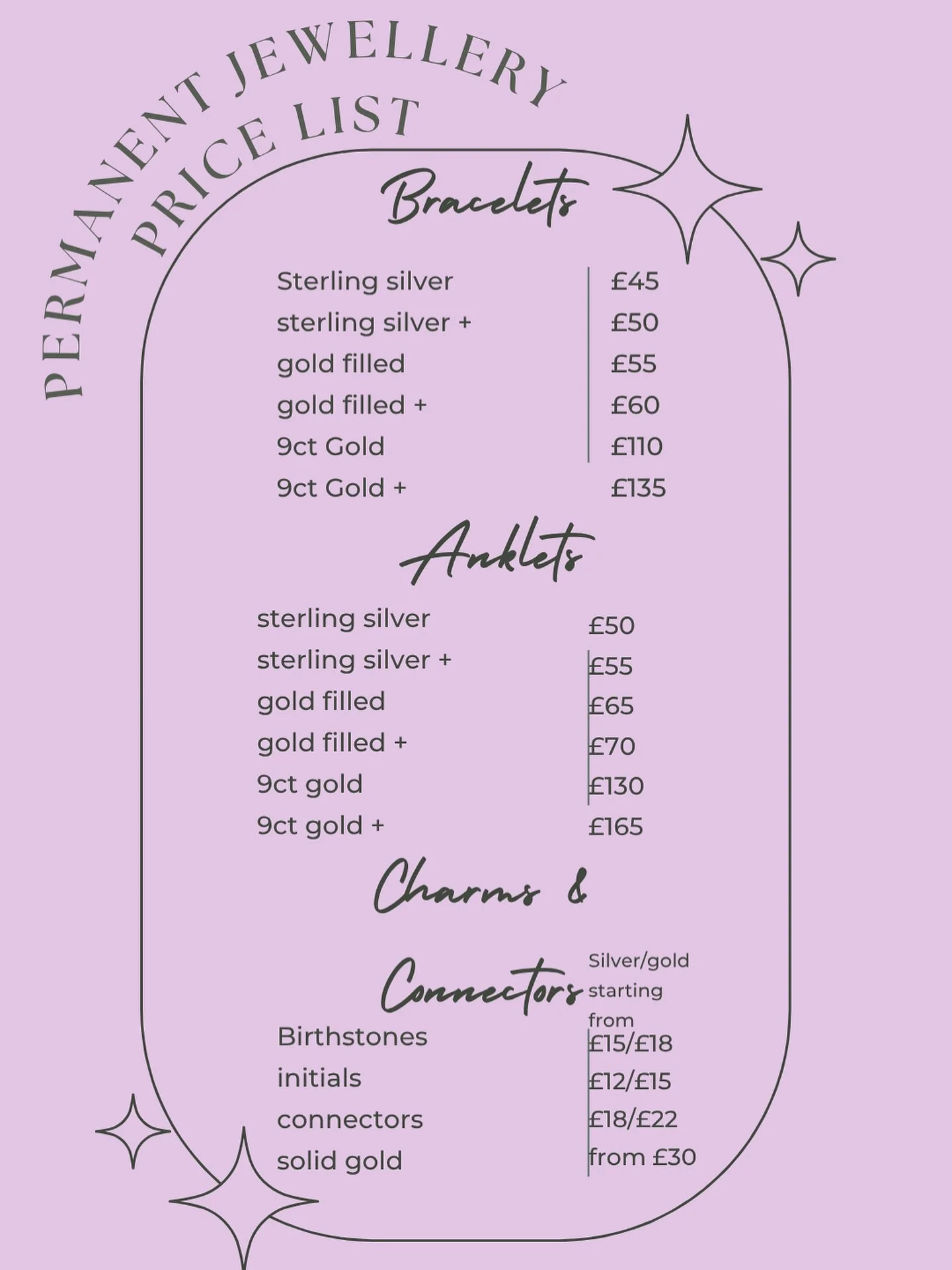 Current permanent jewellery services. 
I will be expanding the services once I am more established. 

Special offer. 

Book with a friend to both receive 20% off one catch. You must tag your friend below to claim this offer. 
Valid until December. 

